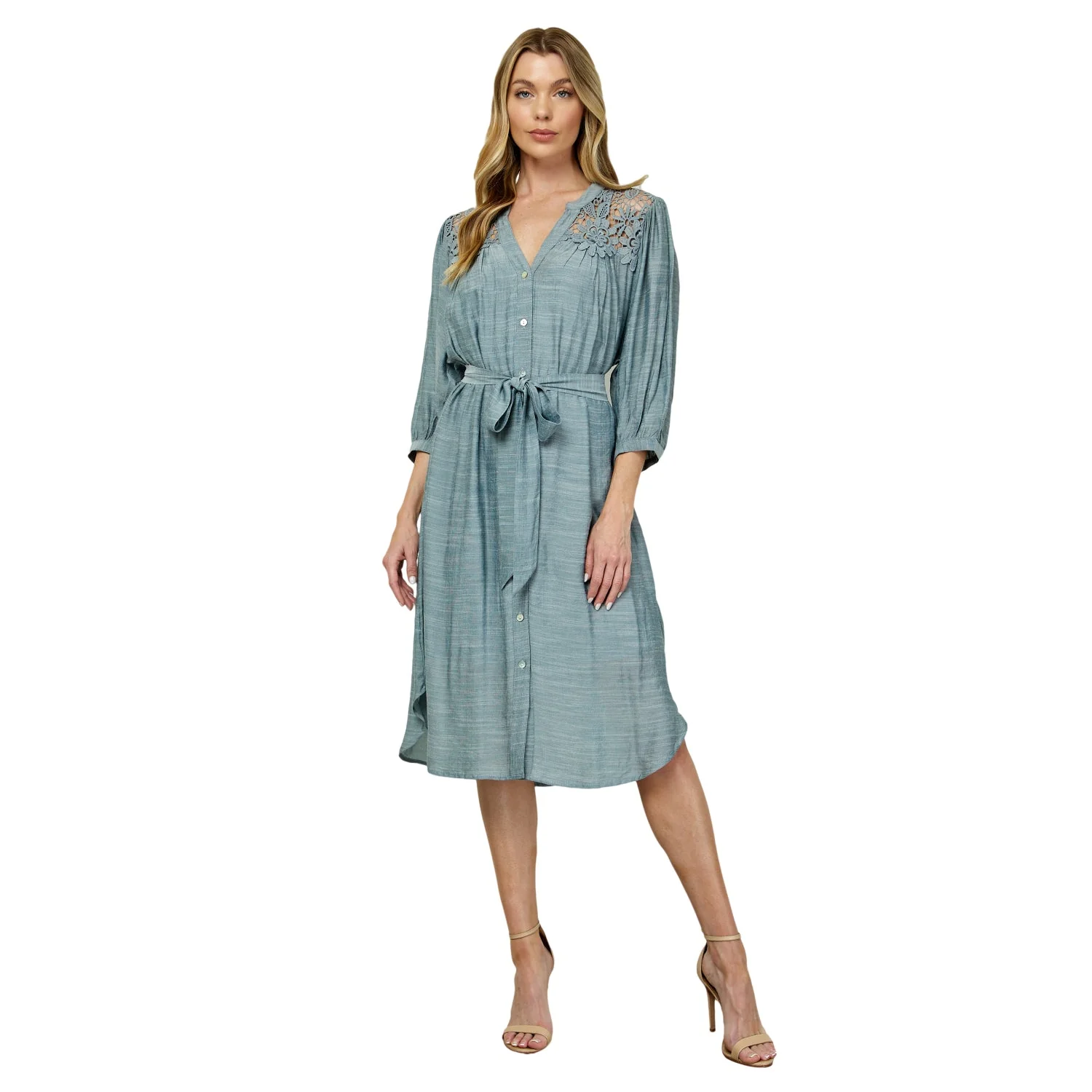 Button Front Yoke Neck Dress With Lace Shoulders - Image 7