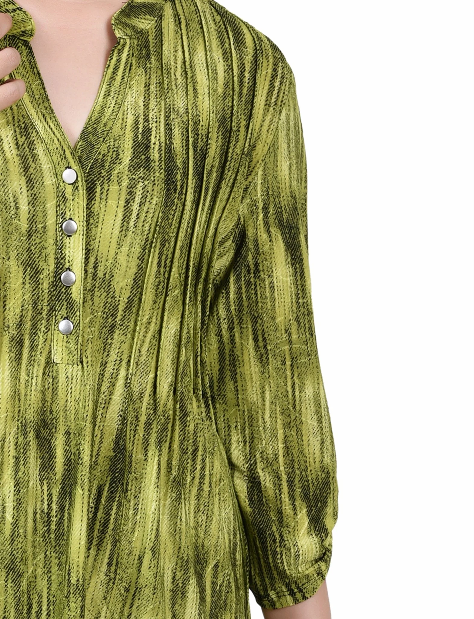 Chartreuse 3/4 Sleeve Roll Tab Y Neck Top - Image 3
