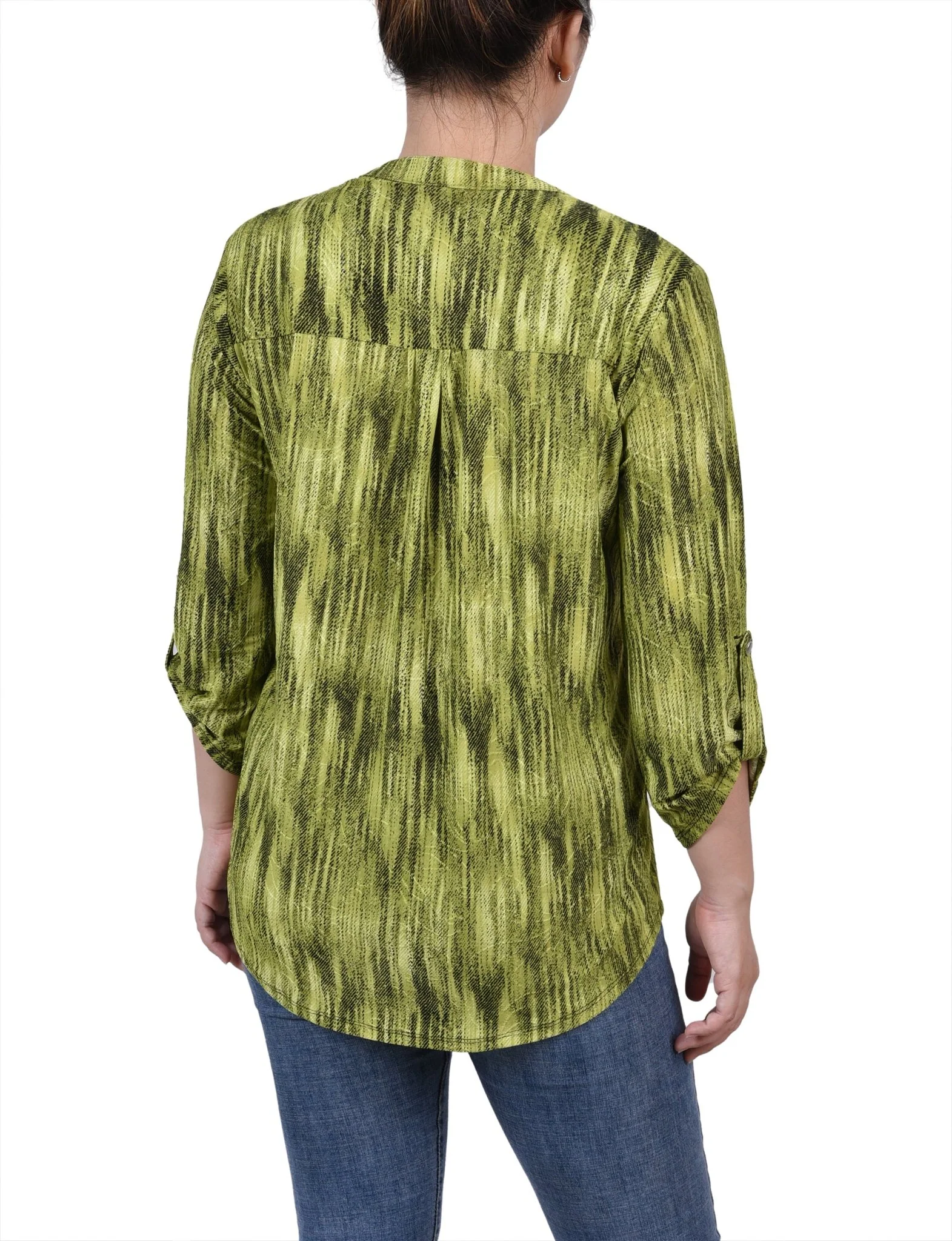 Chartreuse 3/4 Sleeve Roll Tab Y Neck Top - Image 4