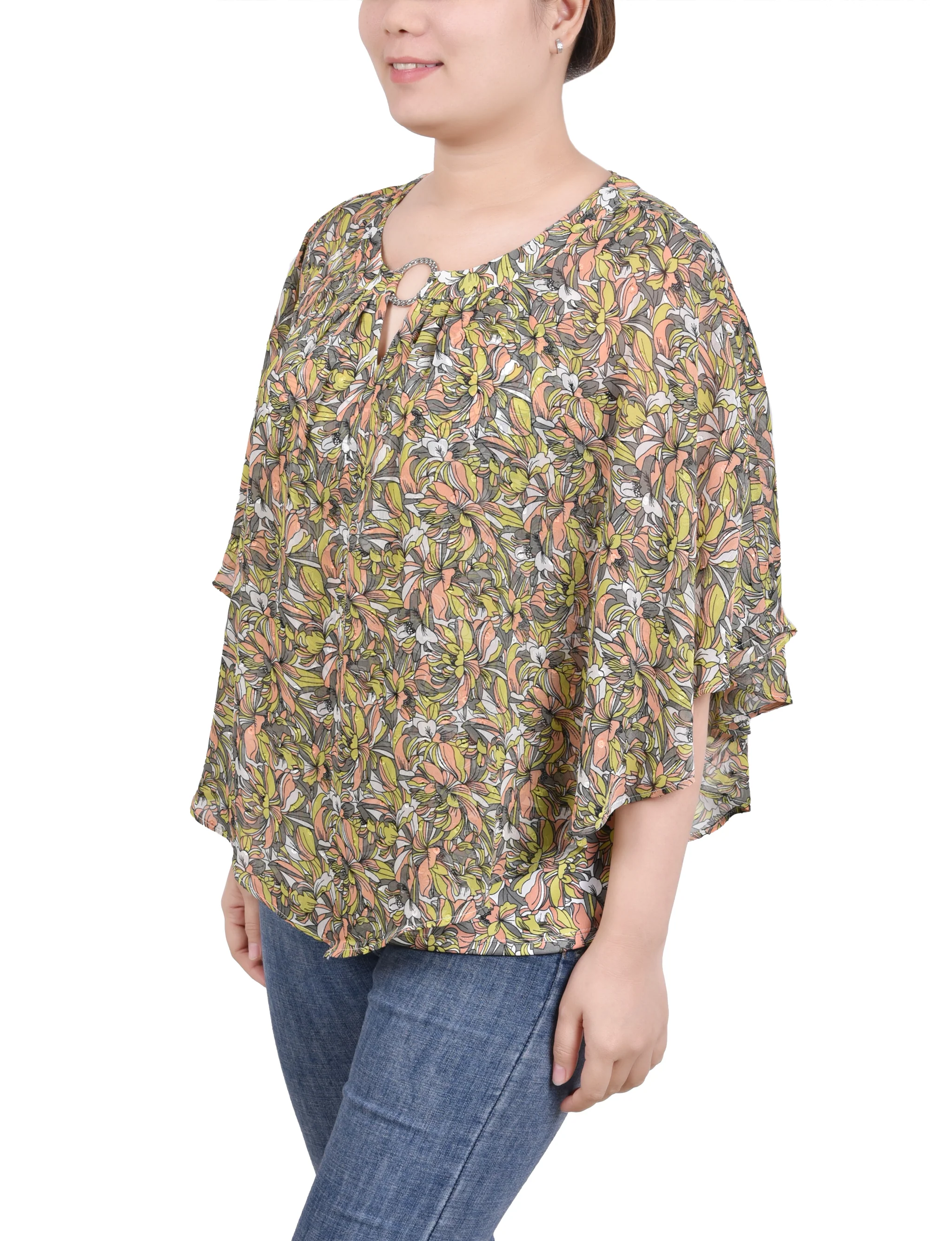 Coral Grey Must Blossom Chiffon Popover Blouse - Image 2