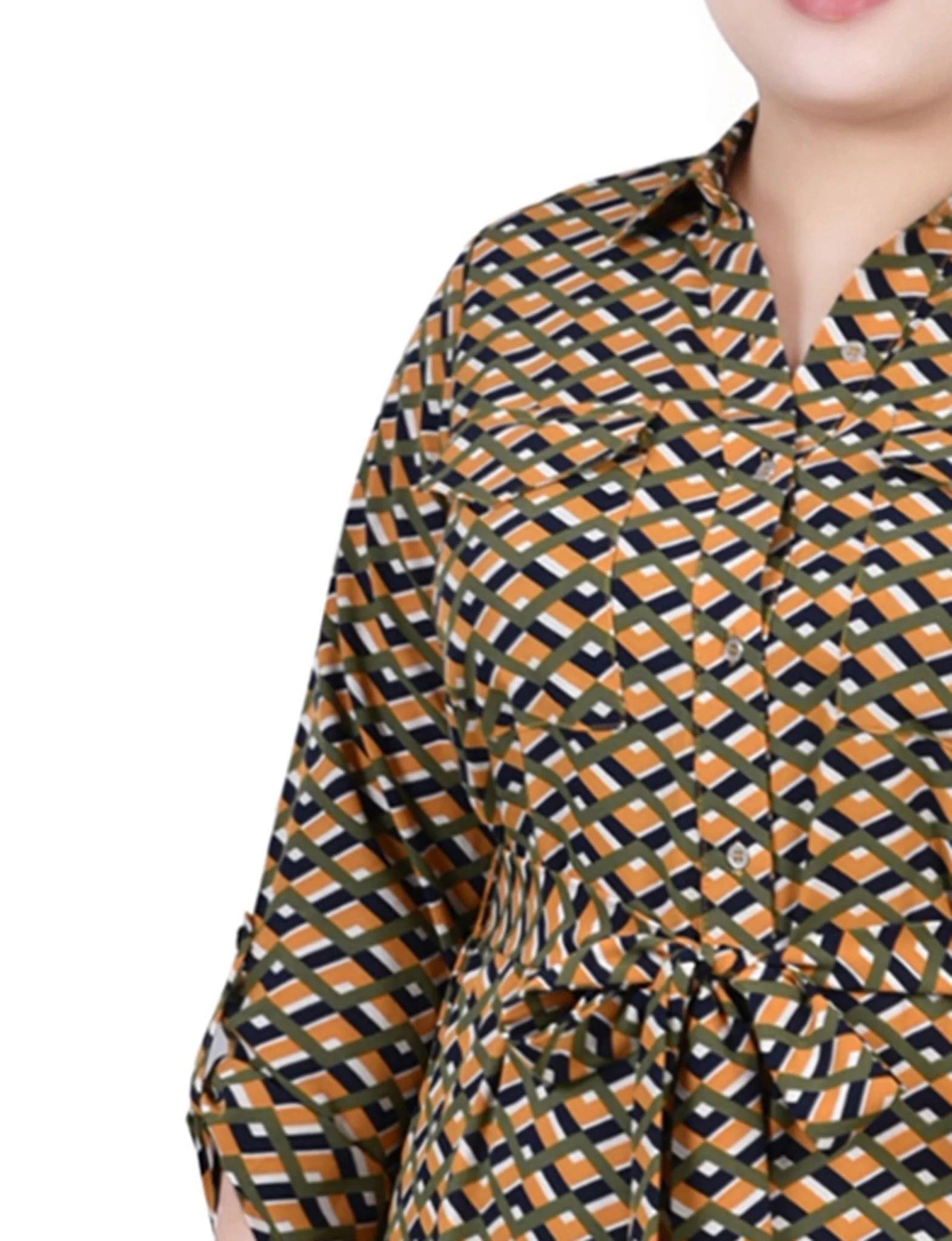 Cypress Inca Gold Navy Zigzag 3/4 Roll Tab Sleeve Belted Shirtdress - Plus - Image 4