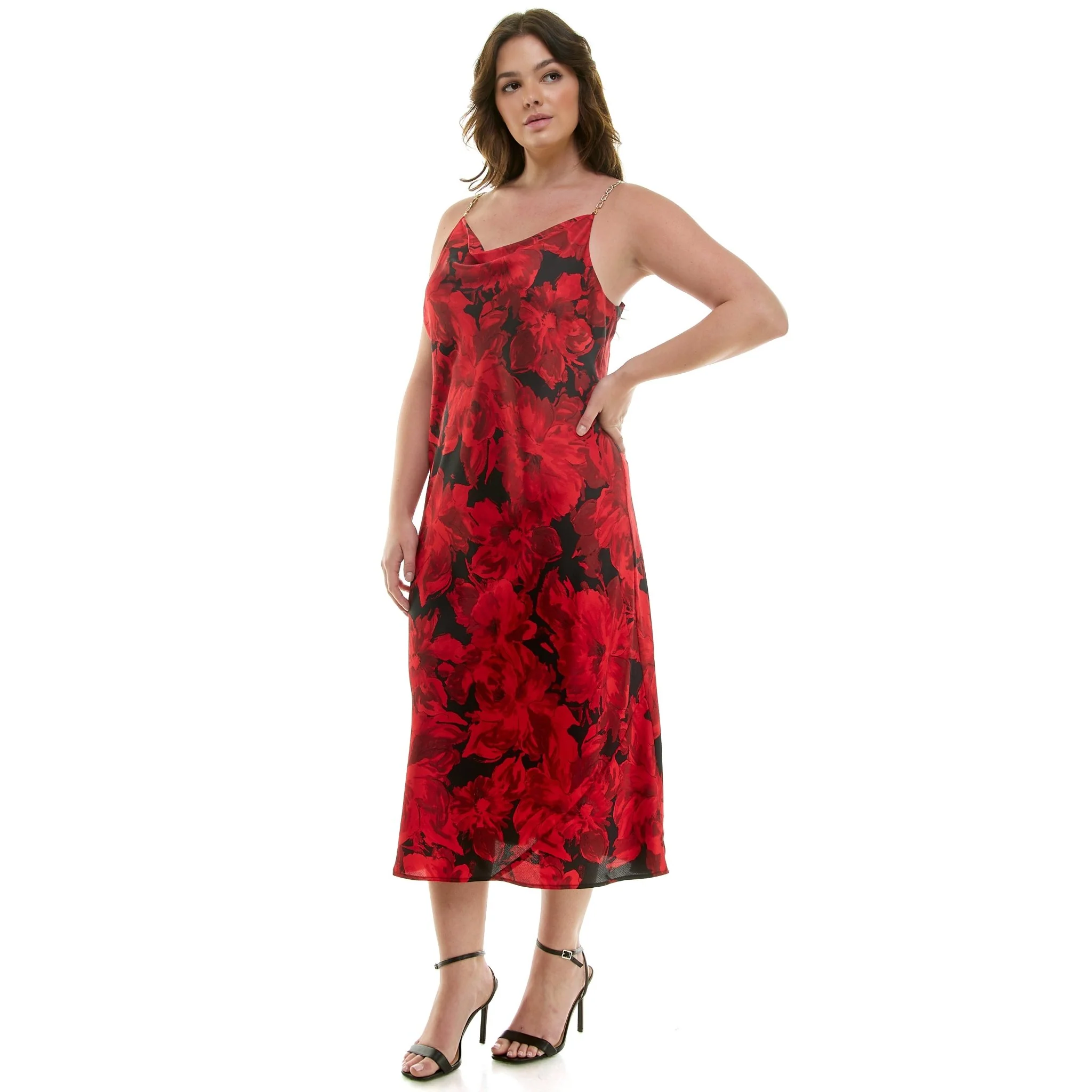 Detachable Chain Trim Strap Cowl Neck Dress, Black & Red - Plus - Image 3