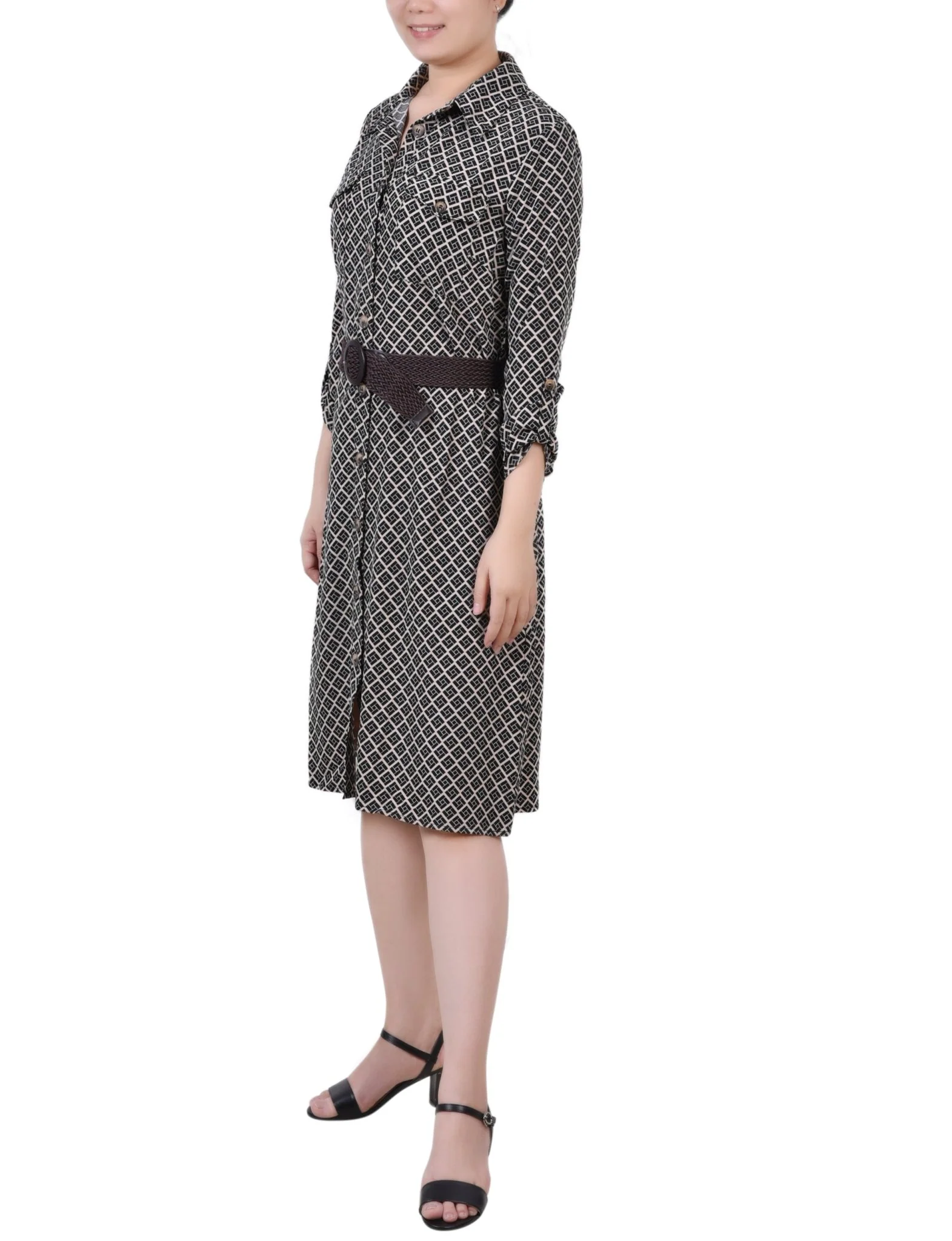 Doeskin Black Allie 3/4 Roll Tab Sleeve Shirtdress - Petite - Image 2
