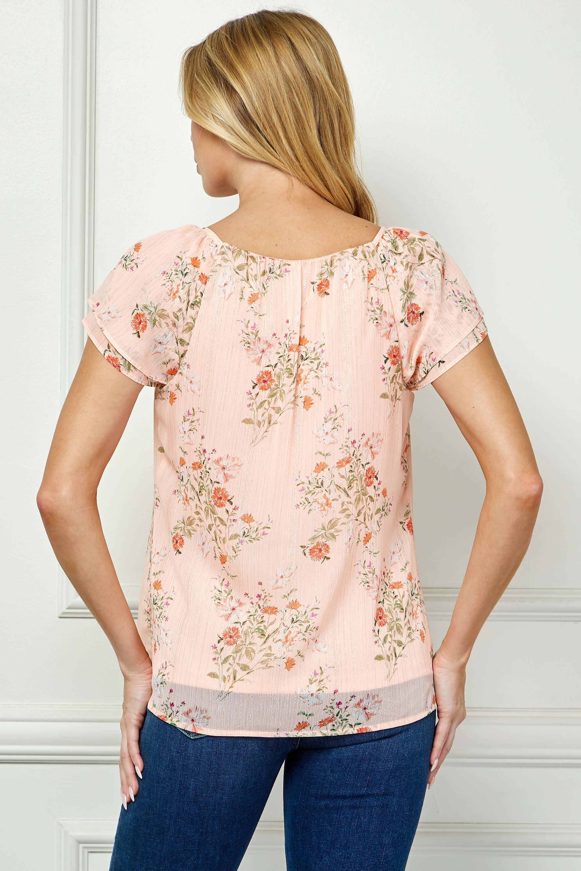 Double Flutter Sleeve Beaded Tie Neck Blouse in Peach - Image 4