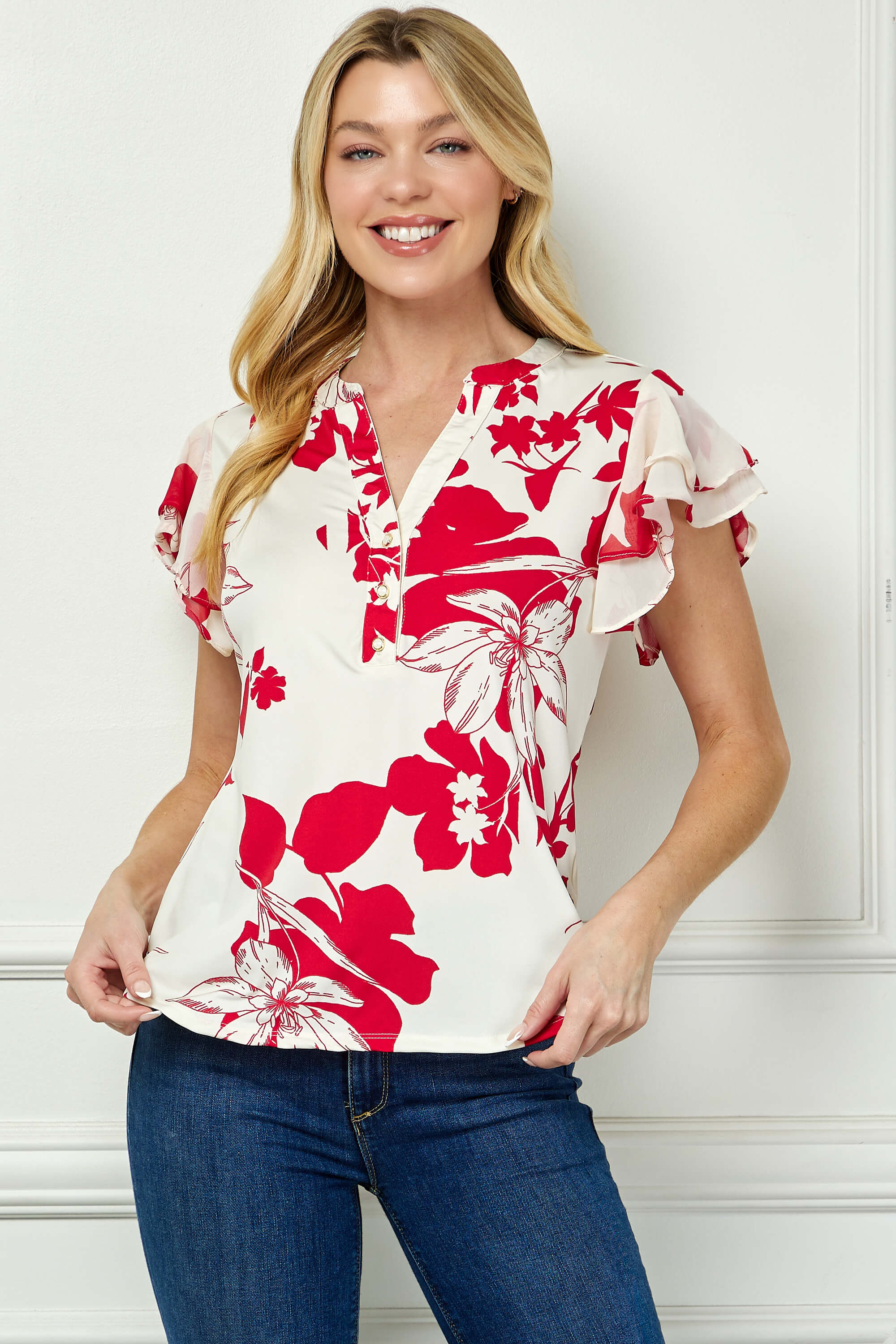 Double Flutter Sleeve Mandarin Collar V-Neck Blouse in Red/Cream - Image 2