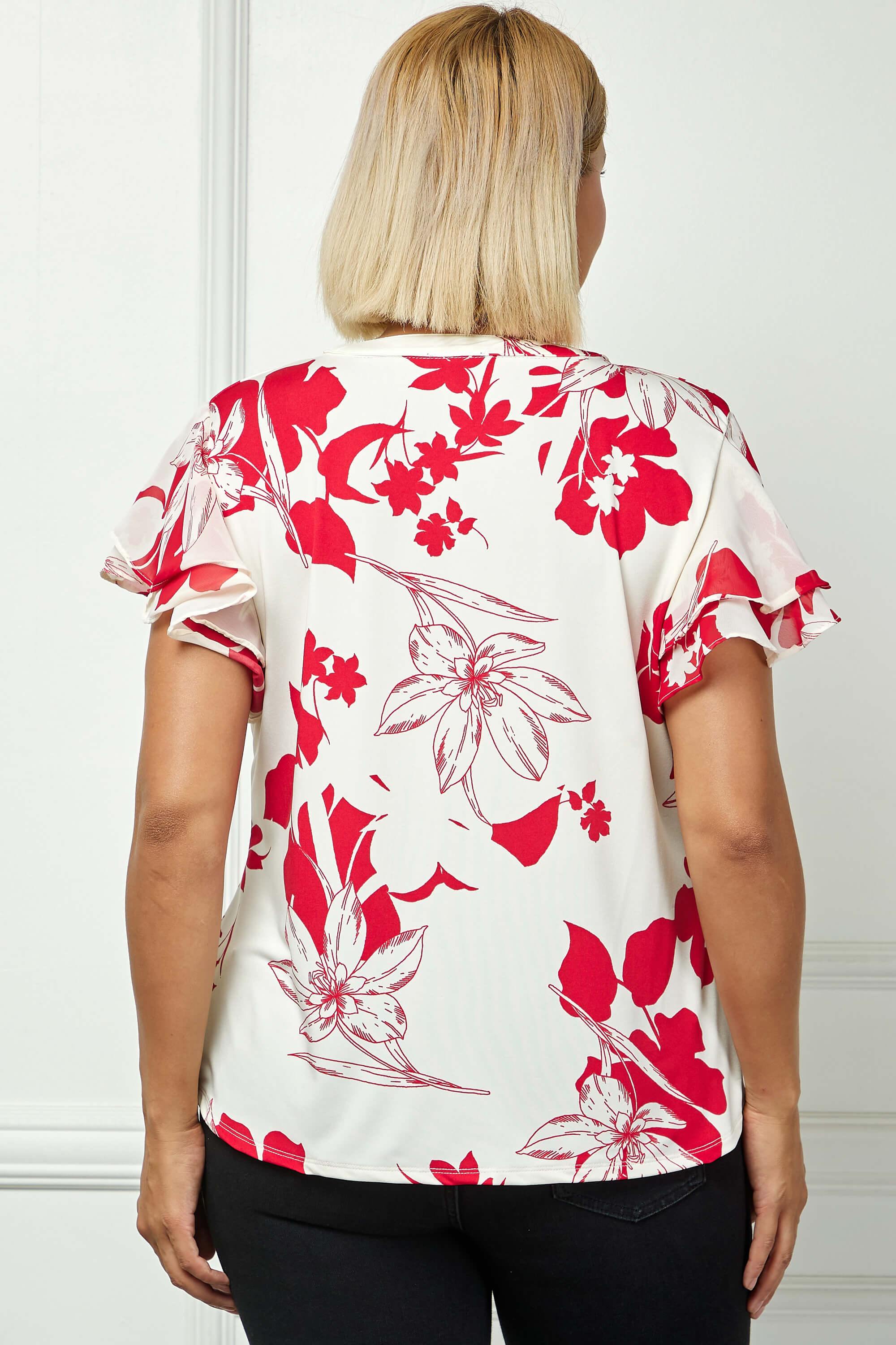 Double Flutter Sleeve Mandarin Collar V-Neck Blouse in Red/Cream - Plus - Image 4