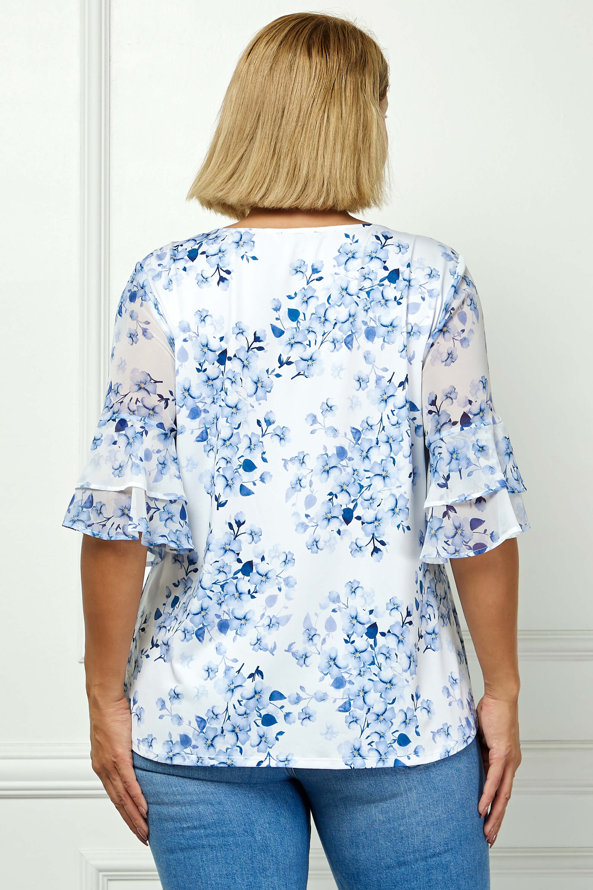 Double Ruffle Sleeve Cutout Neck Blouse in Ivory/Denim - Plus - Image 2