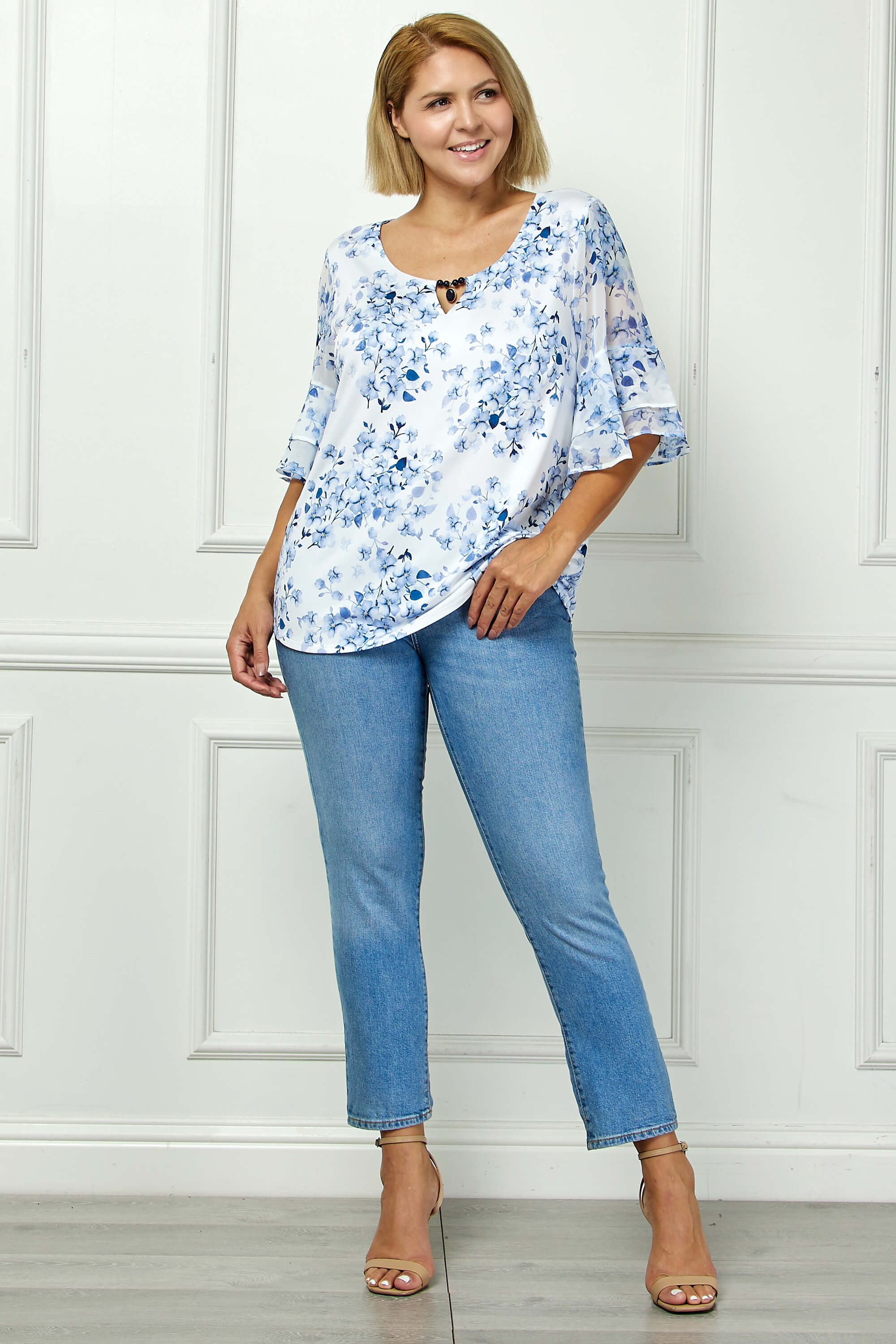 Double Ruffle Sleeve Cutout Neck Blouse in Ivory/Denim - Plus - Image 4