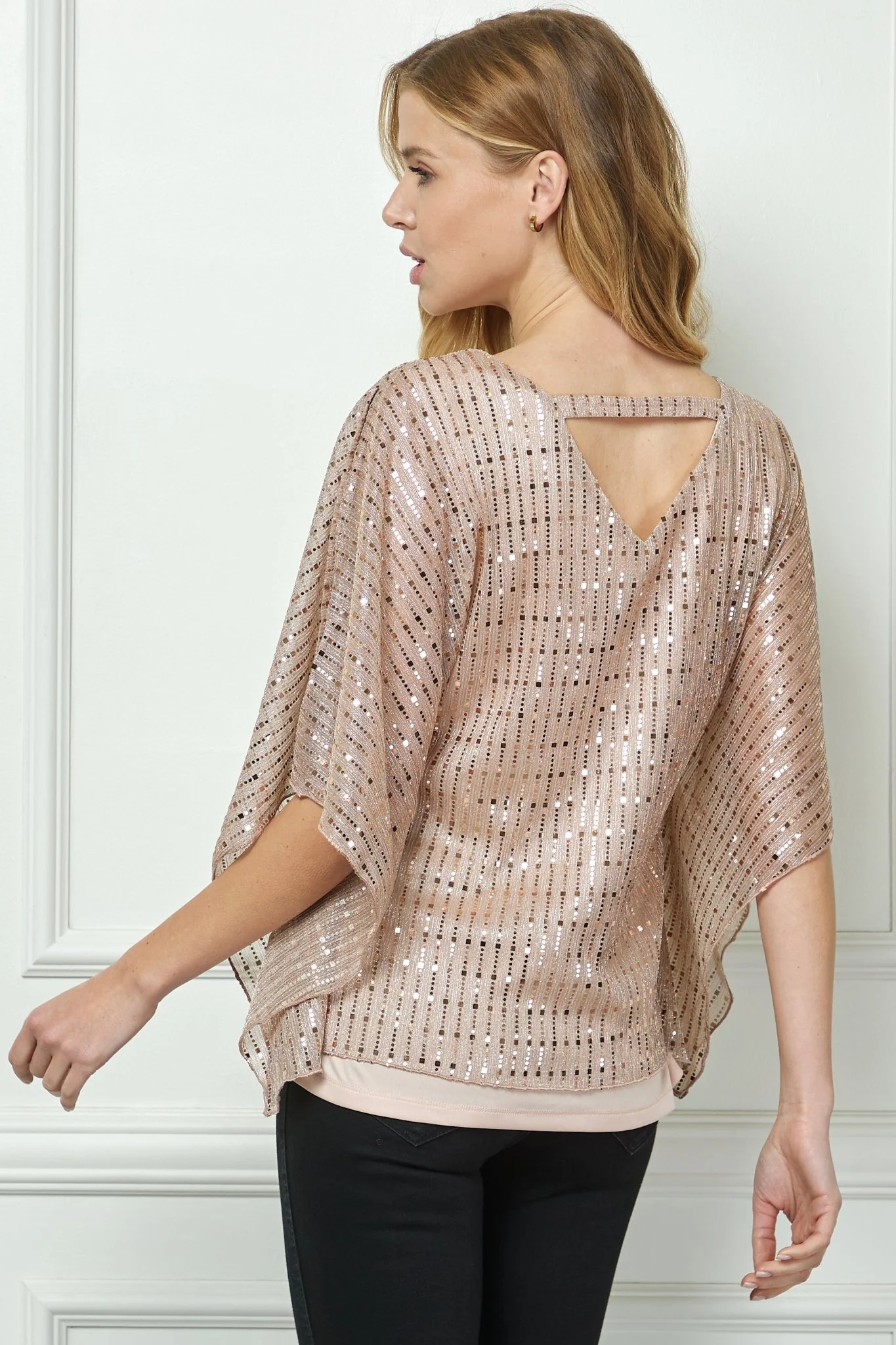 Elbow Cold Shoulder V-Neck Bar Back Poncho Blouse - Image 3