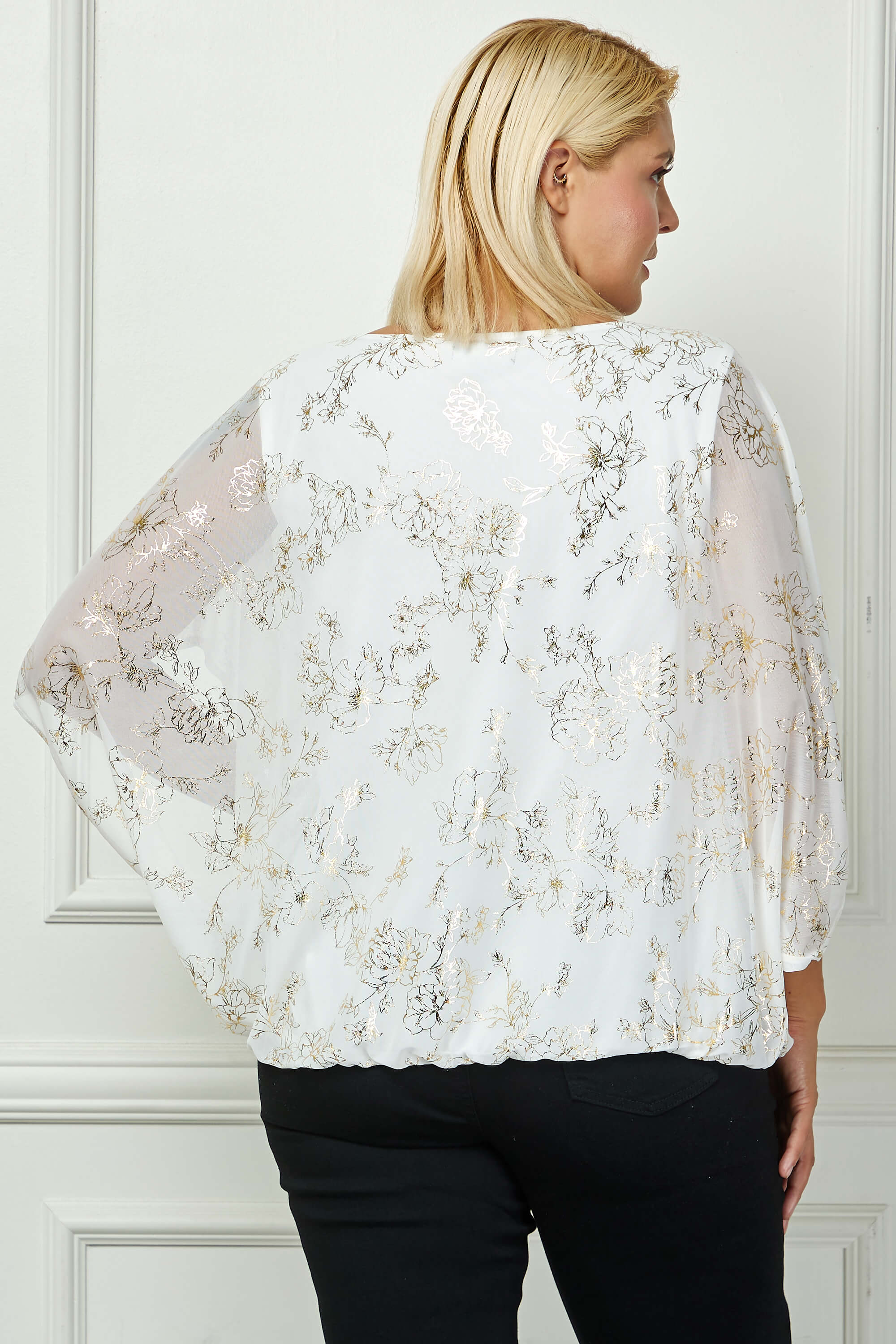 Elbow Sleeve Poncho Necklace Bubble Blouse - White - Plus - Image 3