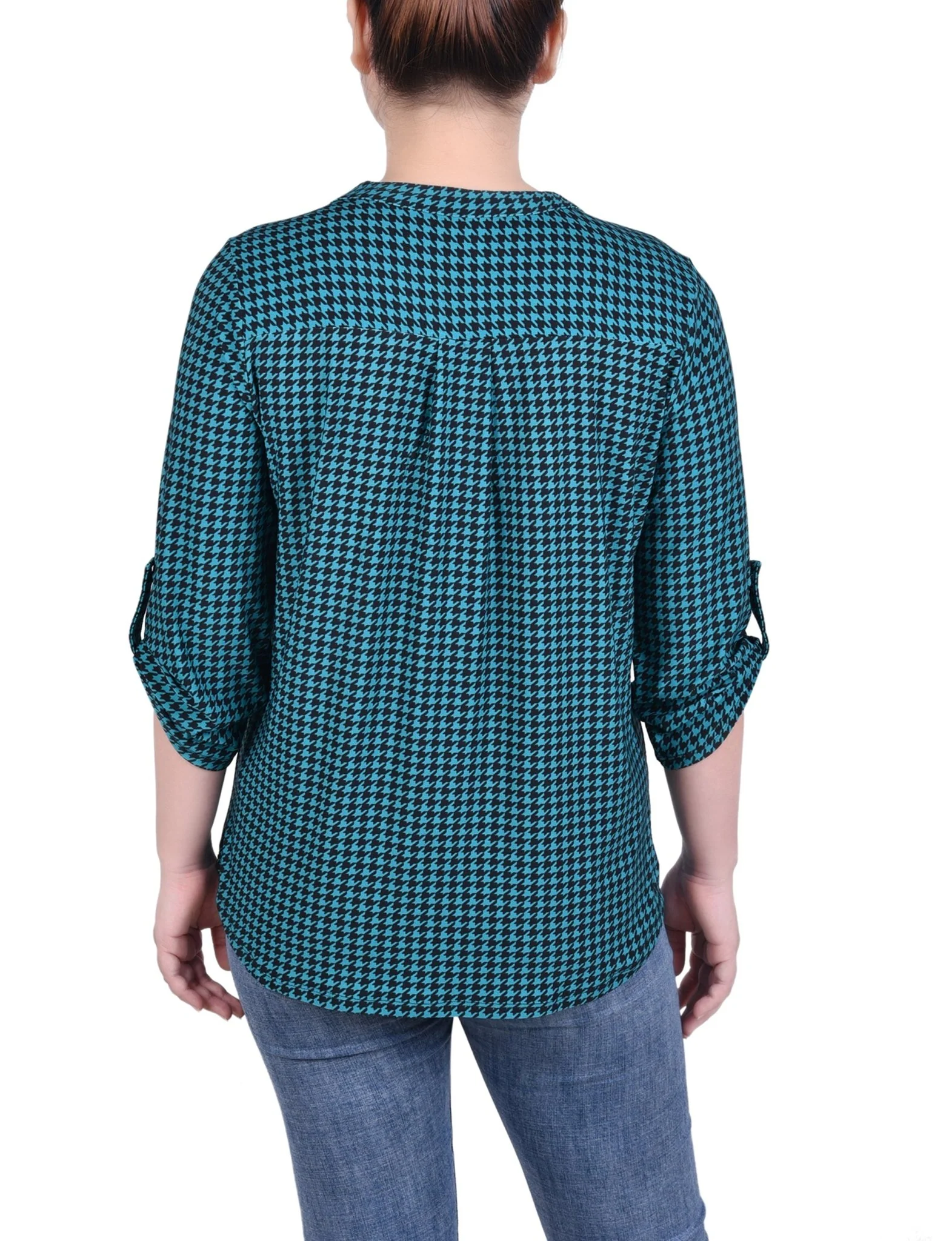 Fanfare Black Houndstooth Long Tab-Sleeve Top With Pockets - Image 4