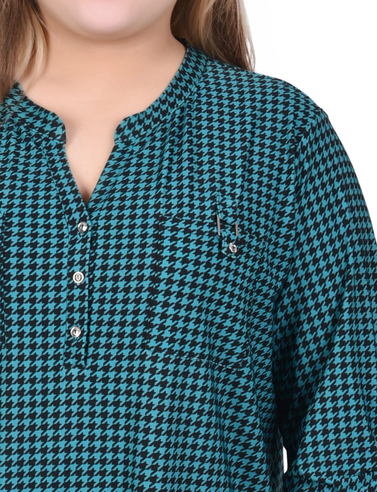 Fanfare Black Houndstooth Long Tab-Sleeve Top With Pockets - Plus - Image 3