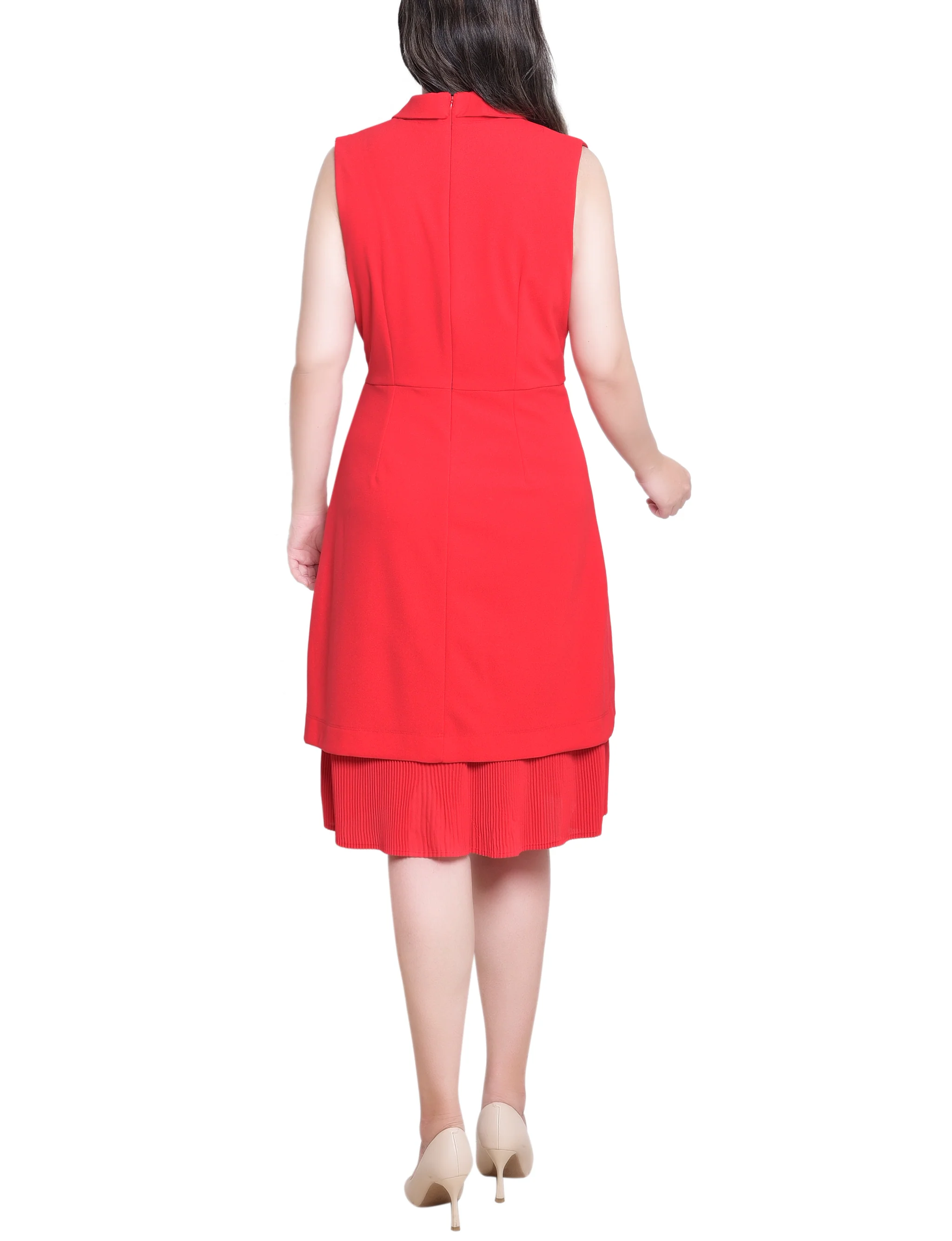 Fire Red Sleeveless Suit With Pleated Skirt - Image 4