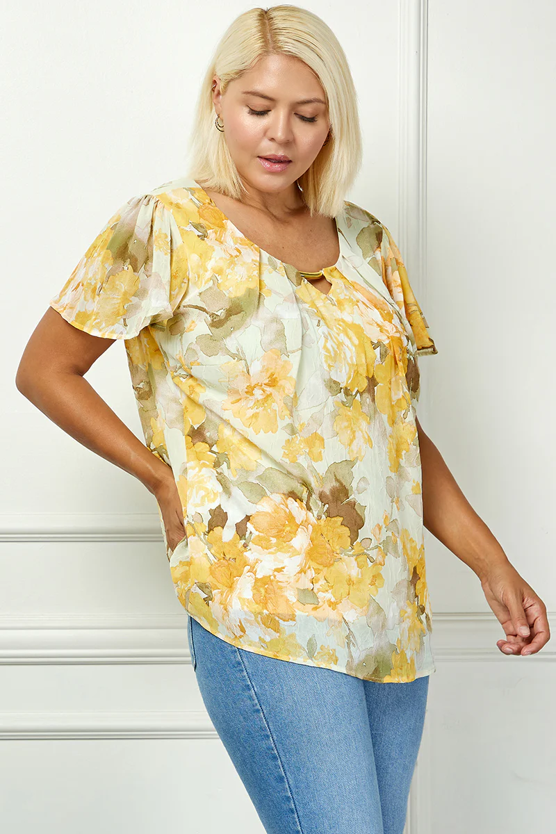 Flutter Sleeve Cutout Neck Pleat Blouse - Plus - Sage/Gold - Image 3