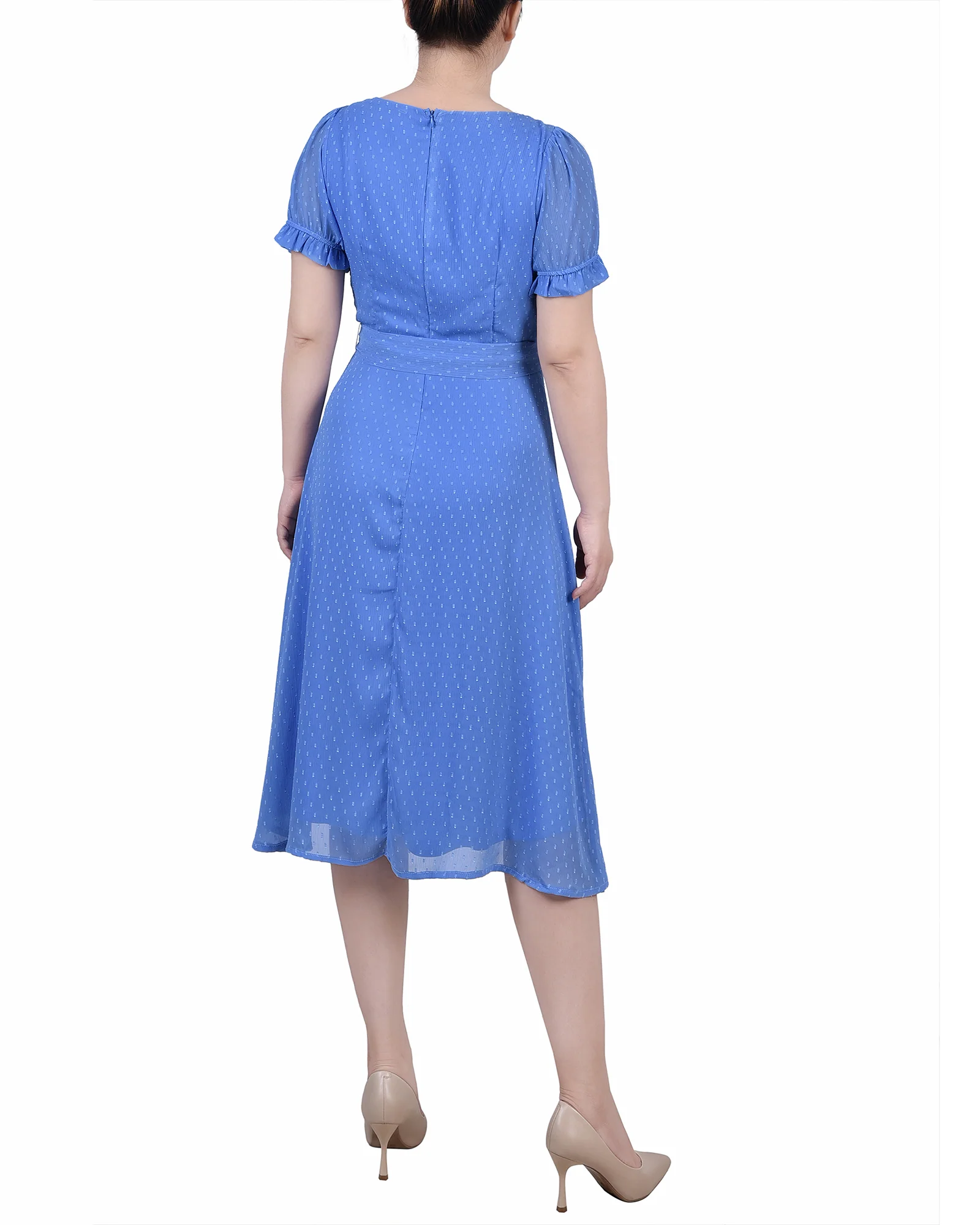 Granada Sky Short Sleeve Belted Swiss Dot Dress - Petite - Image 3