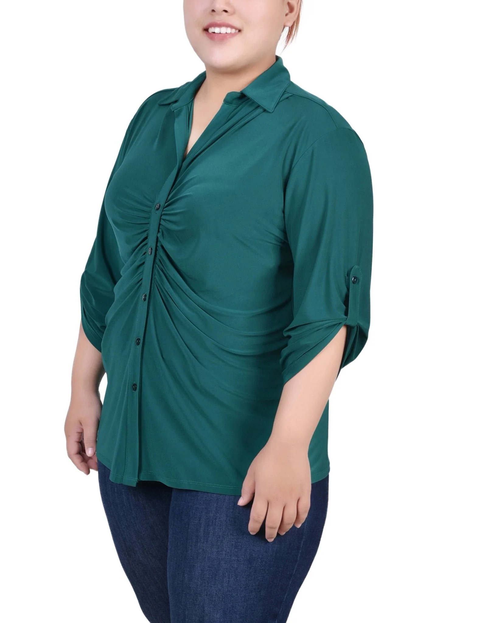 Grassy Green 3/4 Roll Tab Rouched-Front Top - Plus - Image 2