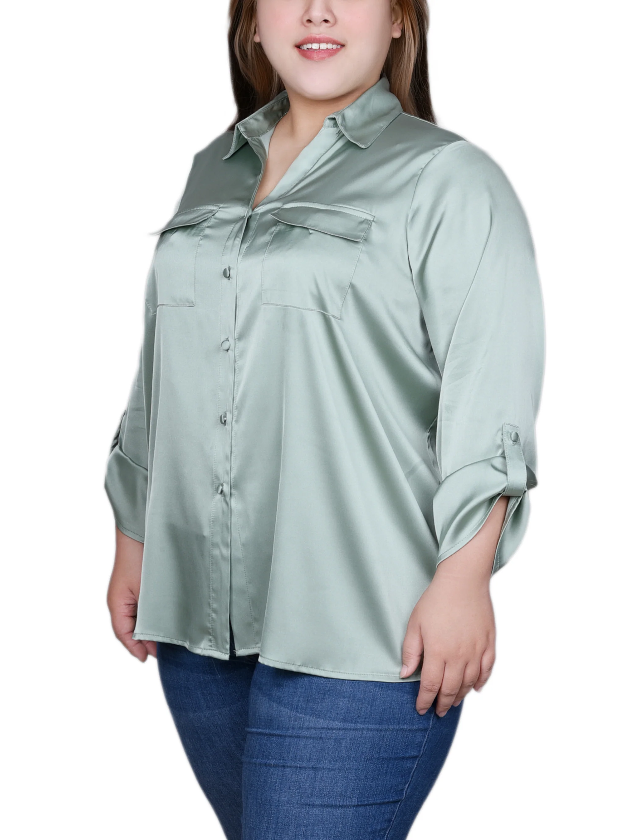 Green 3/4 Sleeve Roll Tab Satin Blouse - Plus Size - Image 2