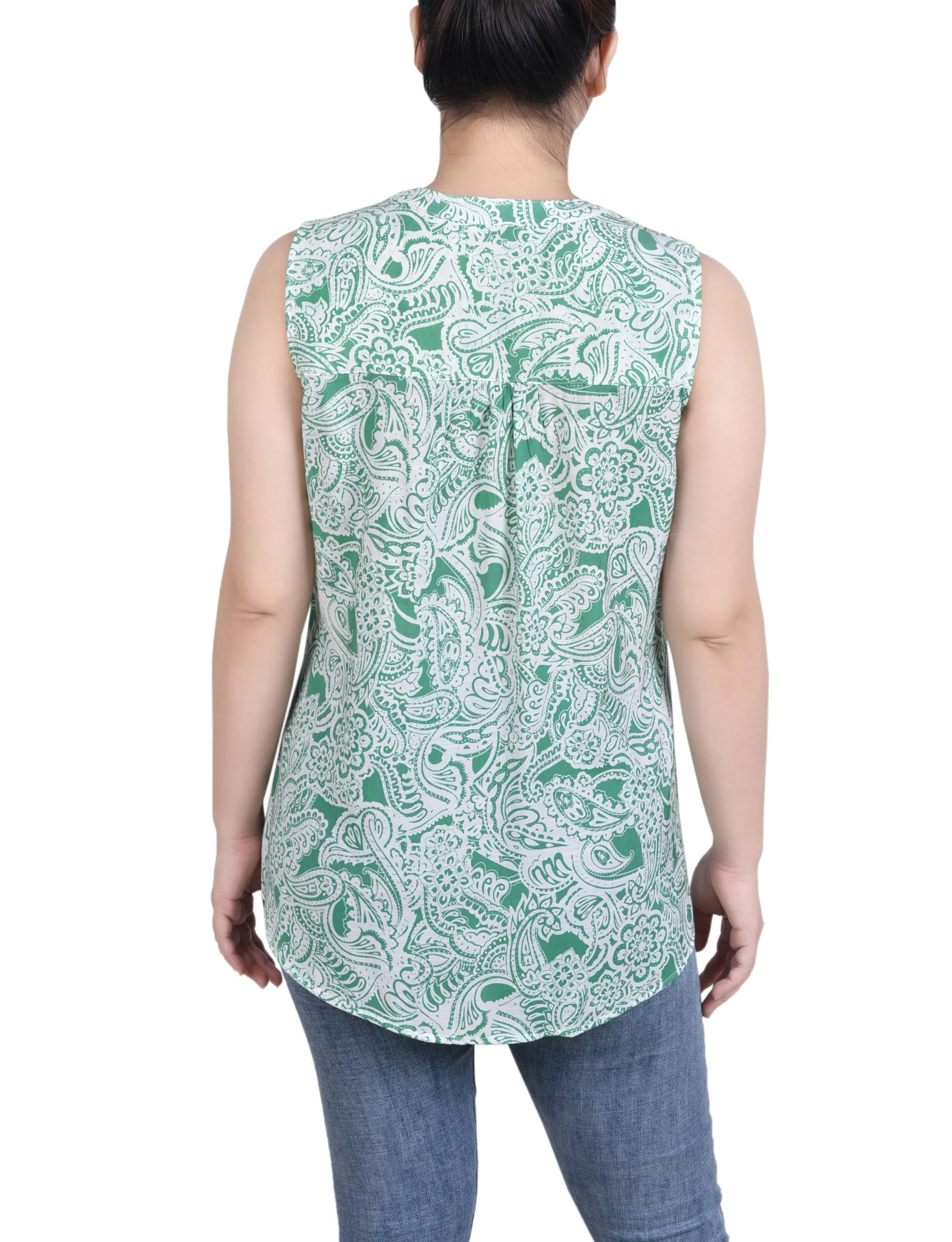 Green Paisley Floral Sleeveless Pintucked Blouse - Image 4