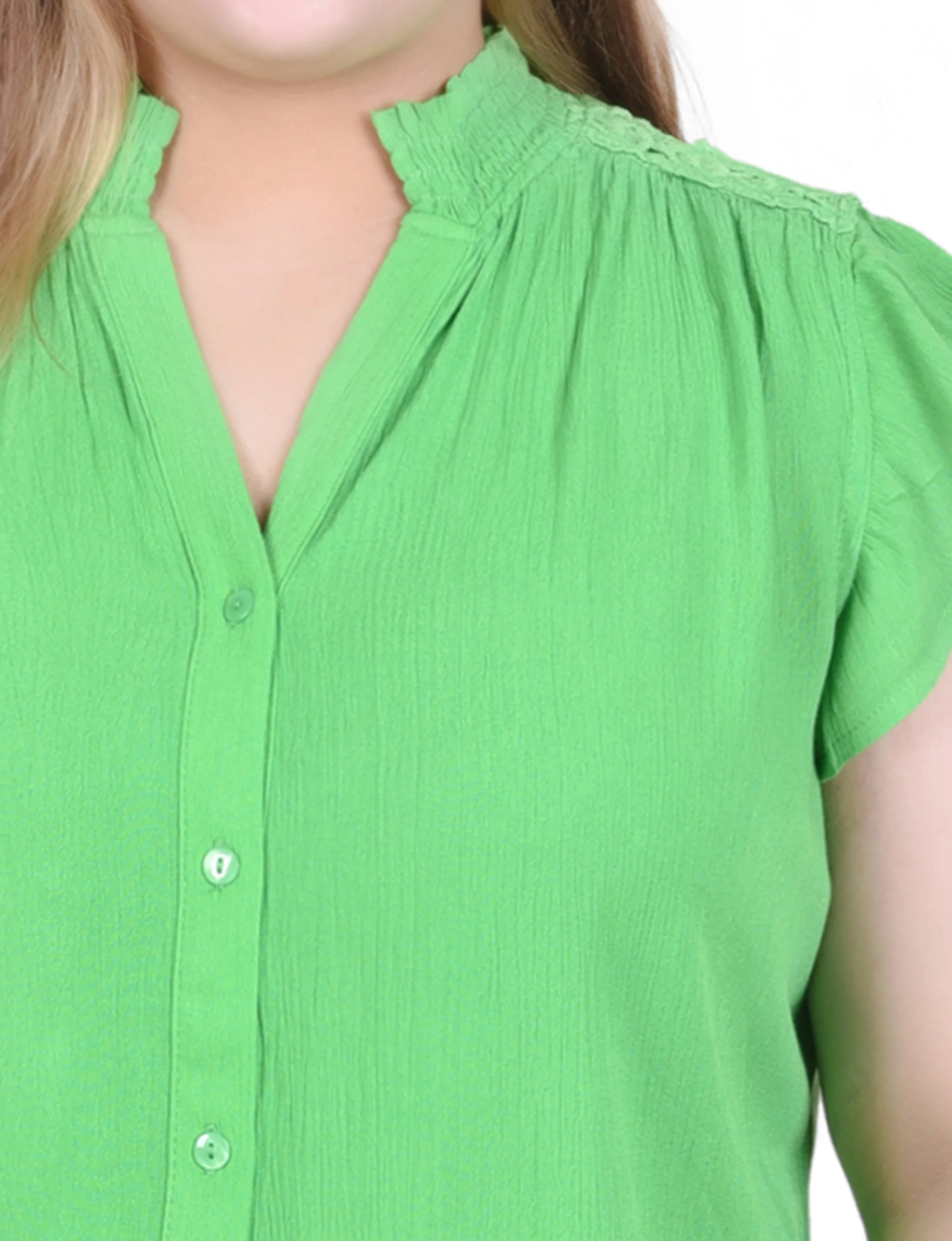 Green Short Flutter Sleeve Crepon Blouse - Plus Size - Image 3
