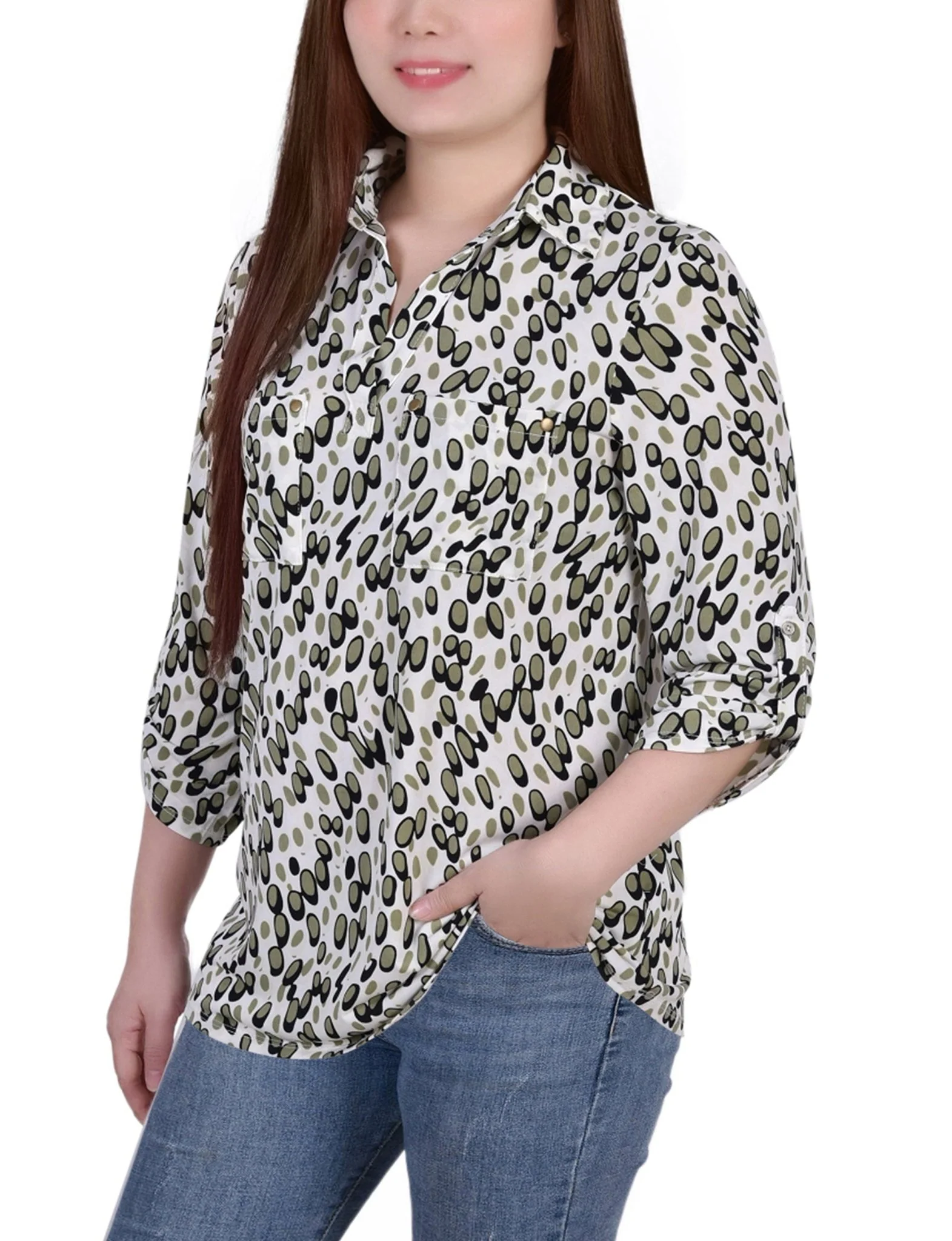 Grey Abstract Dots 3/4 Roll Tab Sleeve Studded Y Neck Top - Petite - Image 2