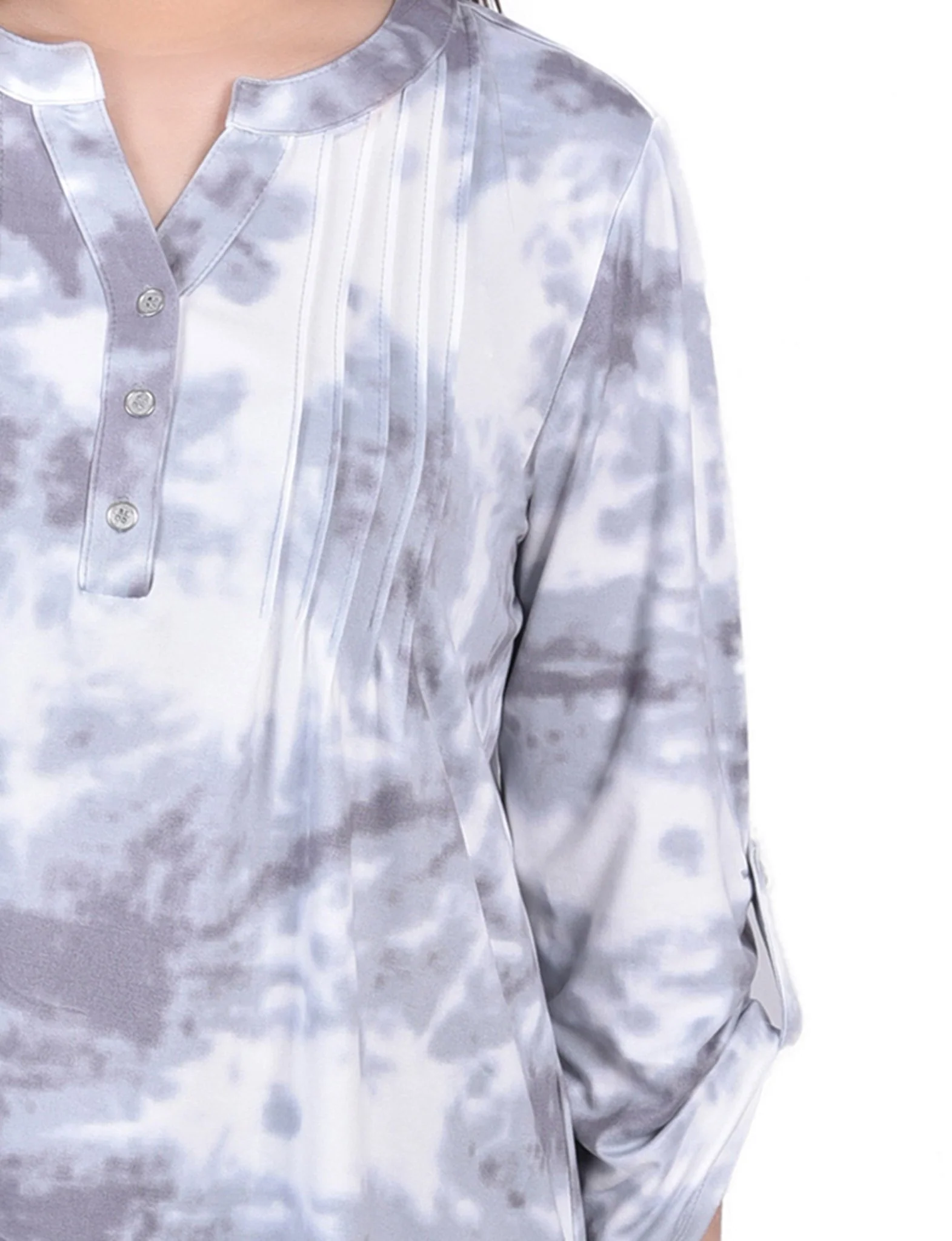 Grey Tiedye 3/4 Bell Sleeve Pleat Front Y Neck Top - Image 3
