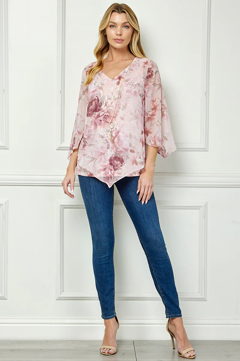 Hanky Hem Poncho V-Neck Blouse with Necklace - Pink - Image 4