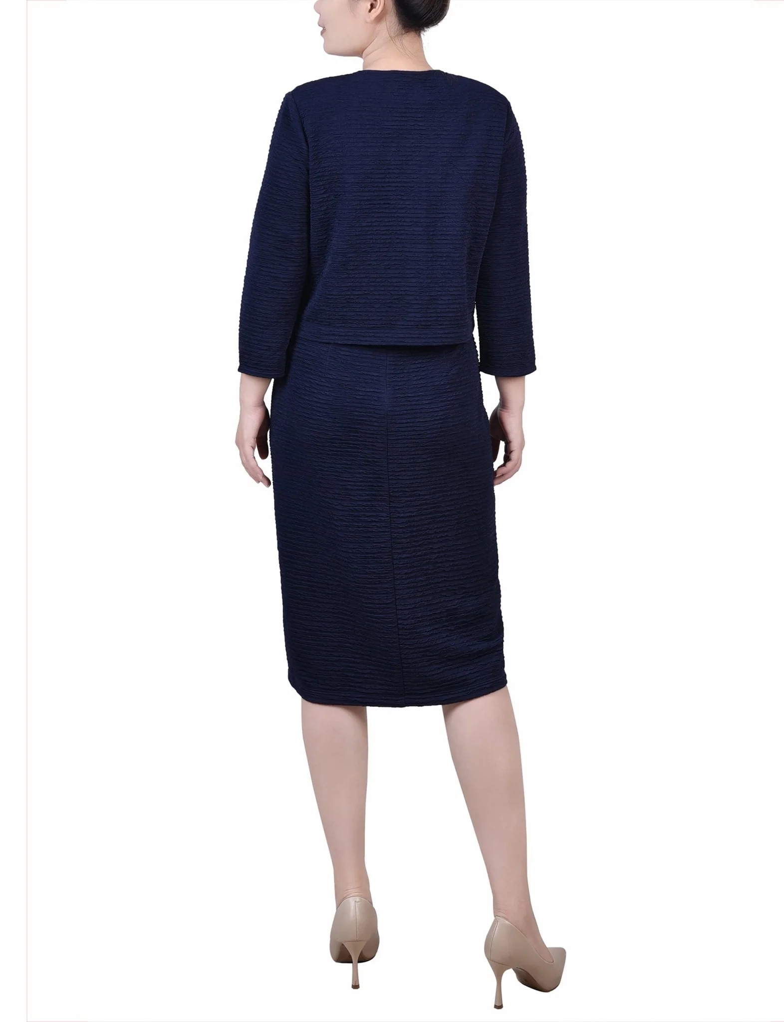 Harbor Navy Textured 3/4 Sleeve 2 Piece Dress Set - Petite - Image 3