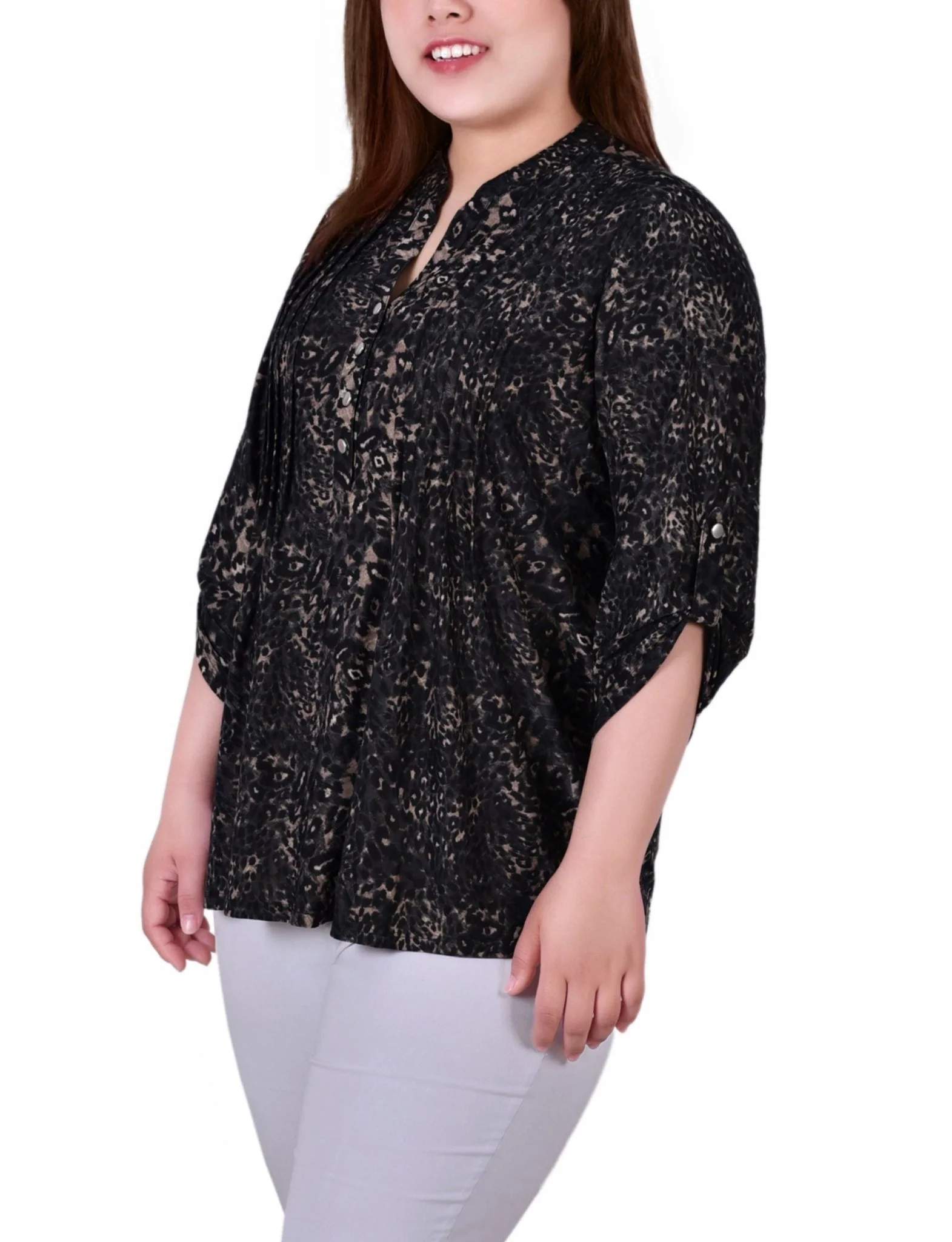 Khaki Animal 3/4 Sleeve Roll Tab Y Neck Top - Plus - Image 2