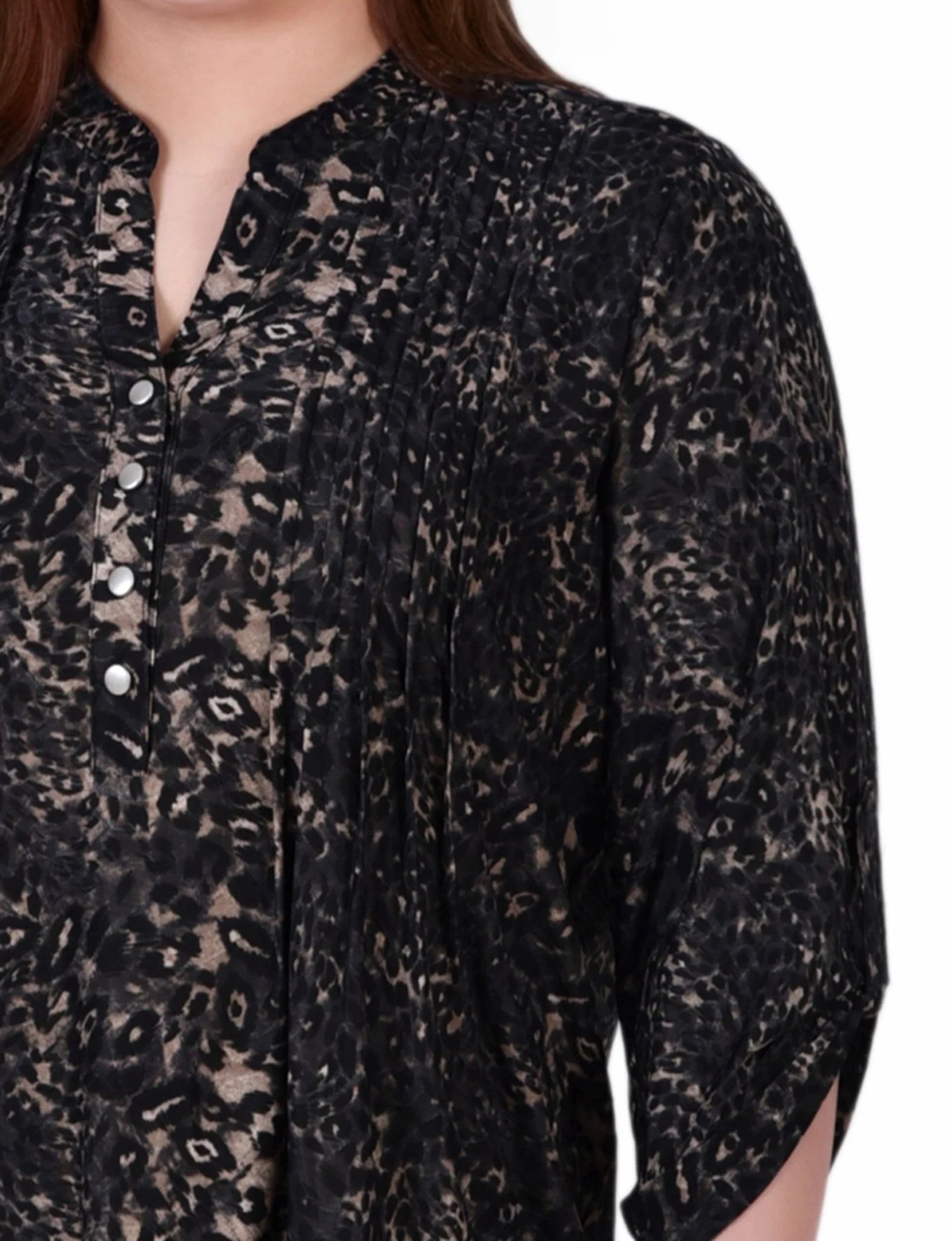 Khaki Animal 3/4 Sleeve Roll Tab Y Neck Top - Plus - Image 3