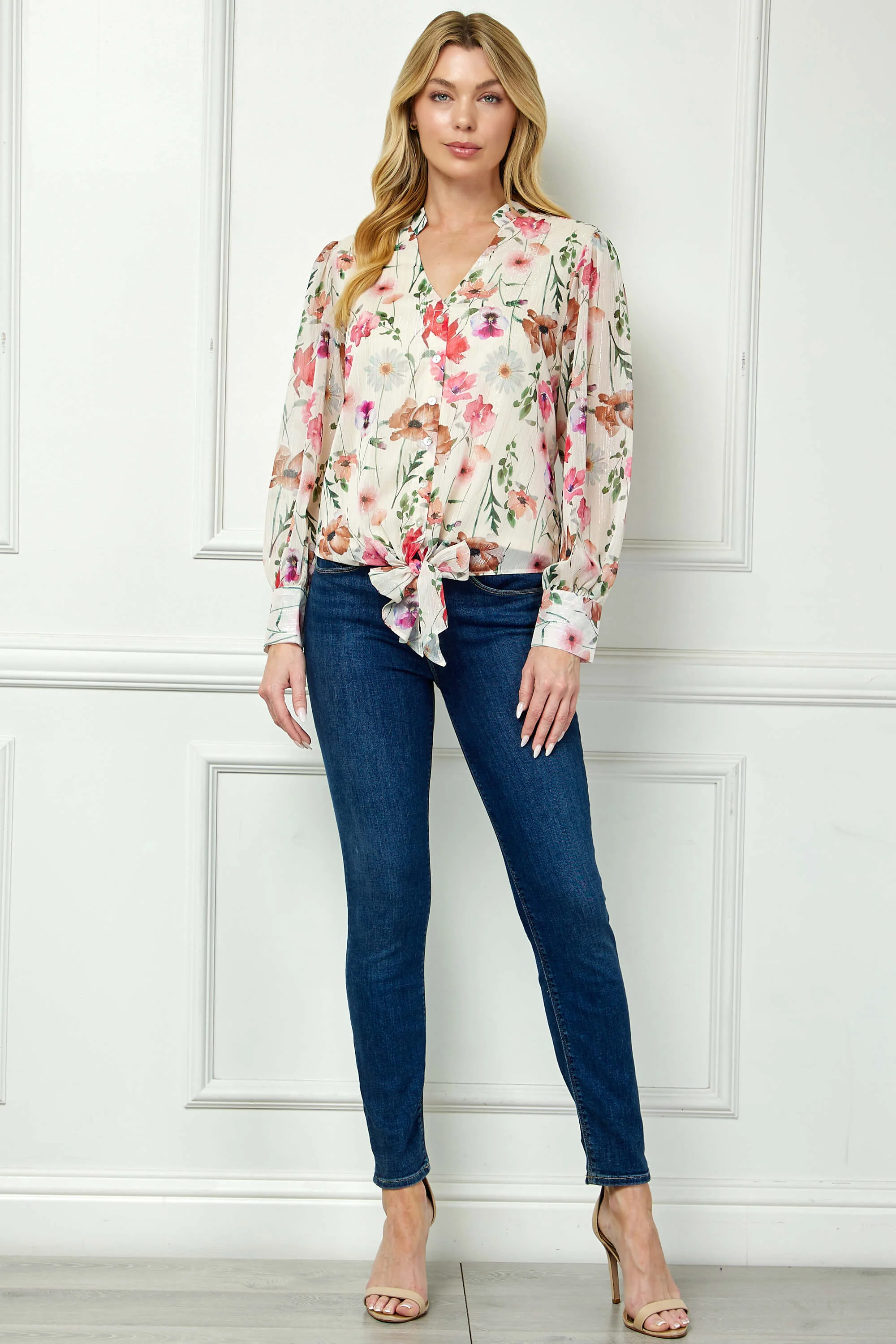 Long Cuff Sleeve V-Neck Button Front Tie Blouse in Beige - Image 4
