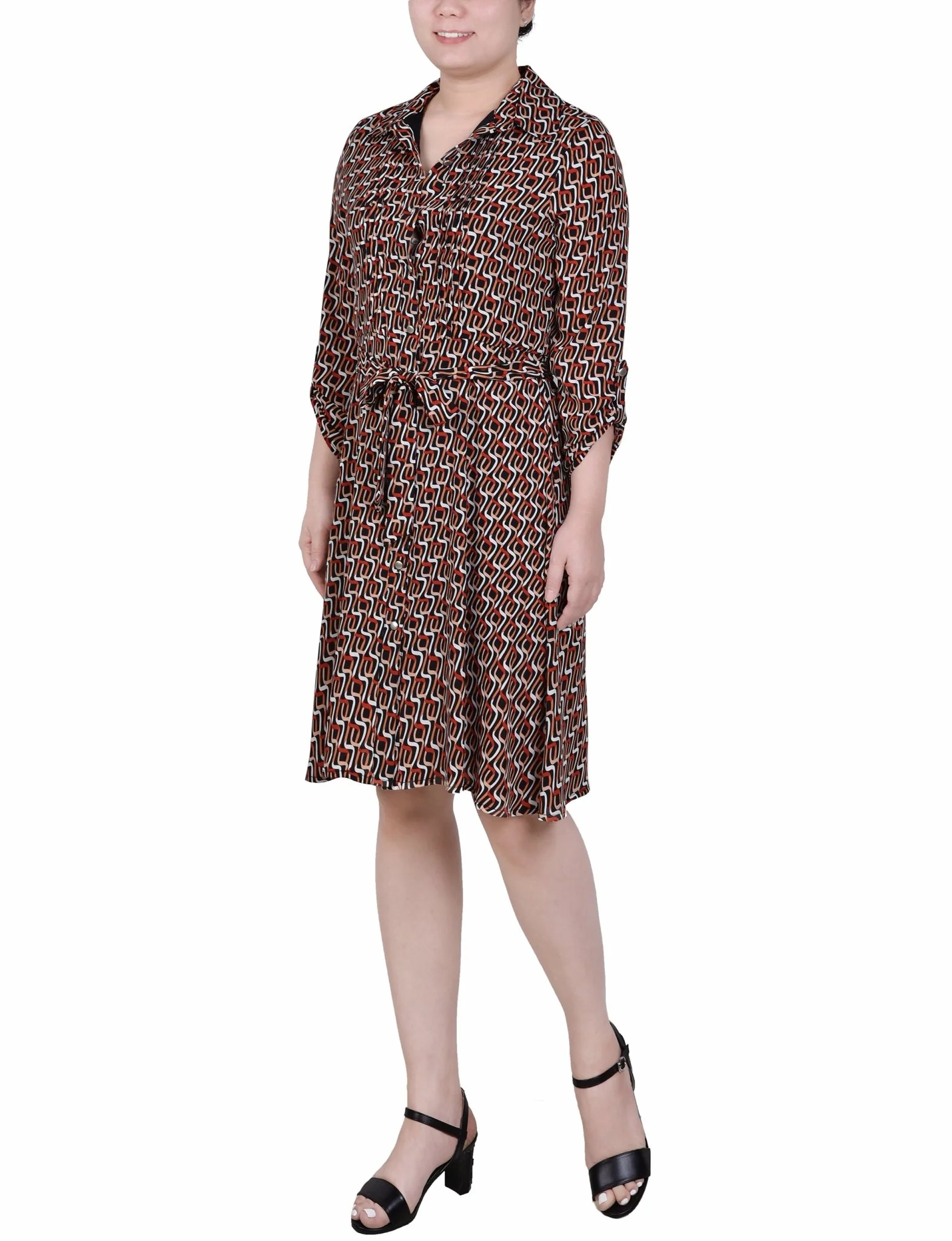 Long Roll Tab Sleeve Dobby Dress - Petite - Image 2