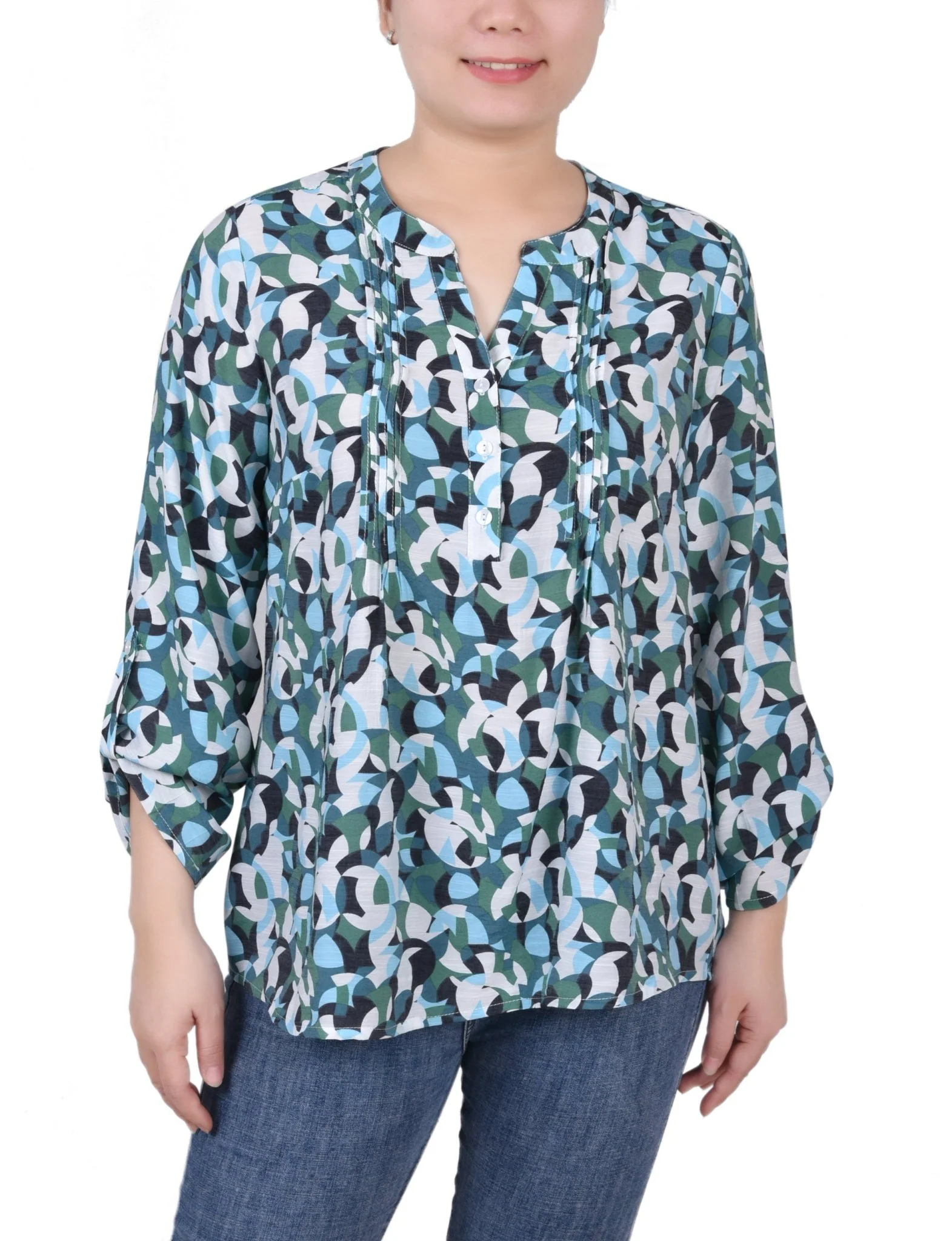 Long Roll Tab Sleeve Pintuck Front Blouse - Petite - Image 7