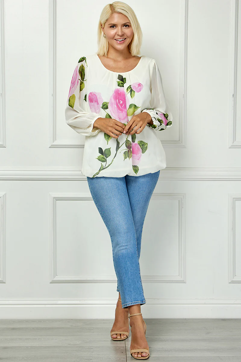 Long Sleeve Pleat Neck Placement Print Bubble Blouse in Ivory - Plus - Image 2