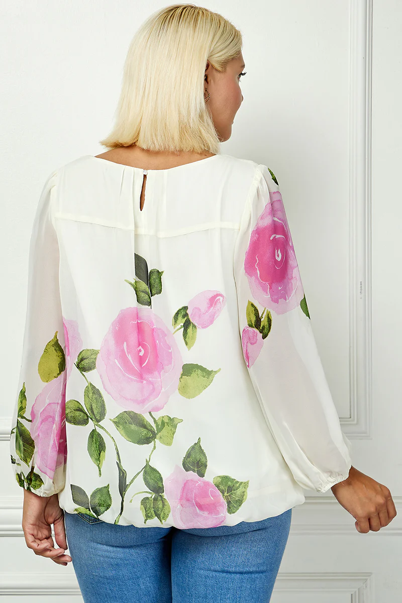 Long Sleeve Pleat Neck Placement Print Bubble Blouse in Ivory - Plus - Image 4