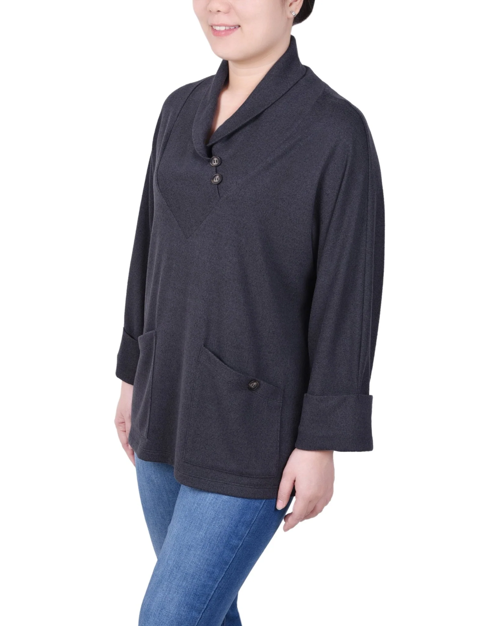 Long Sleeve Shawl Collar Top With Pockets - Petite - Image 6