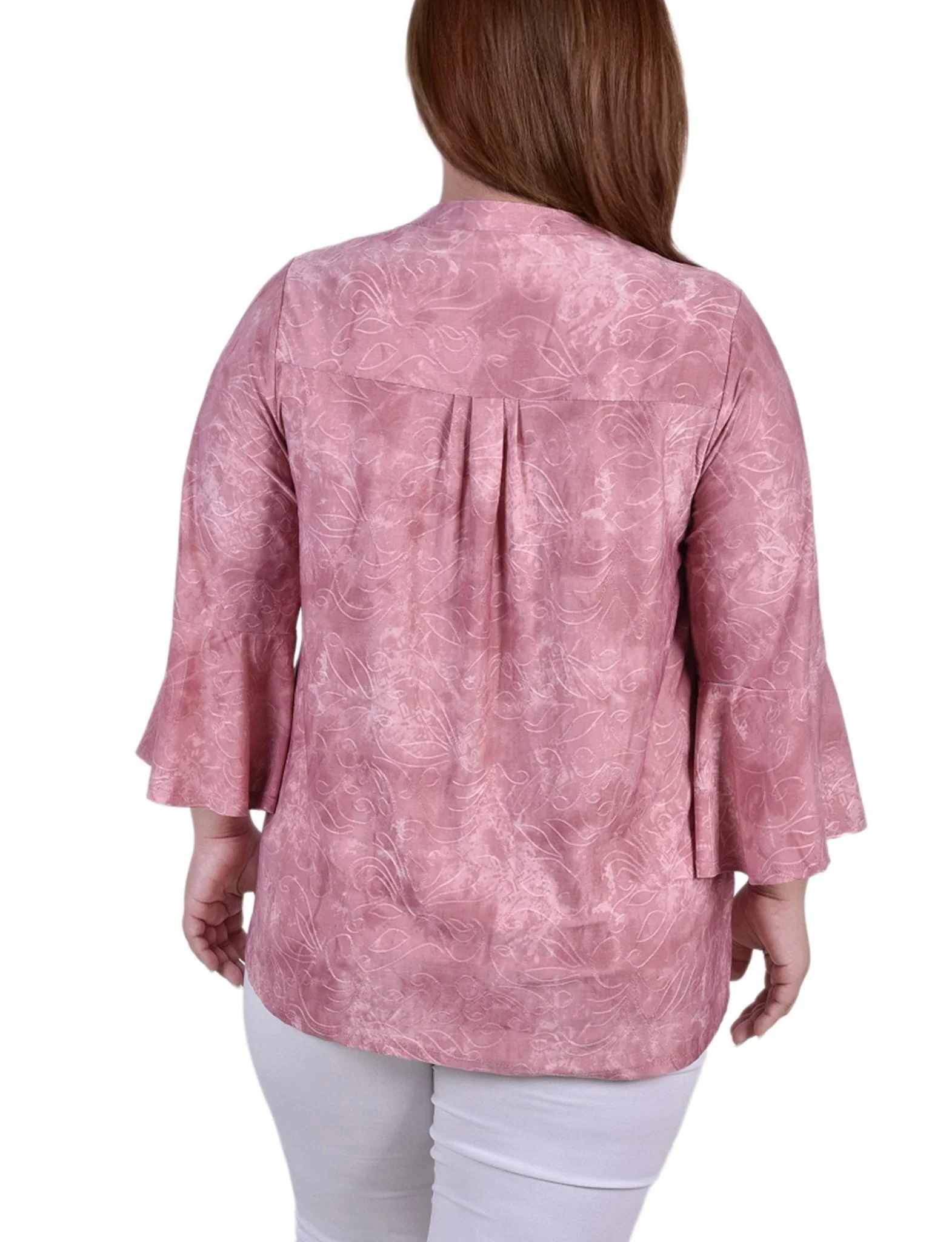 Mauve Tie Dye 3/4 Bell Sleeve Pleat Front Y Neck Top - Plus - Image 4