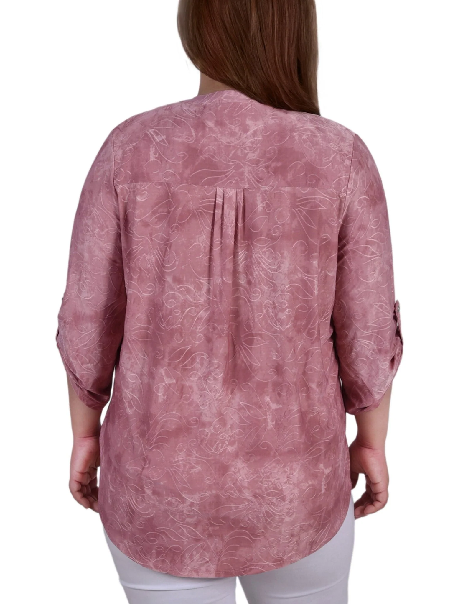 Mauve Tie Dye 3/4 Sleeve Roll Tab Y Neck Top - Plus - Image 4