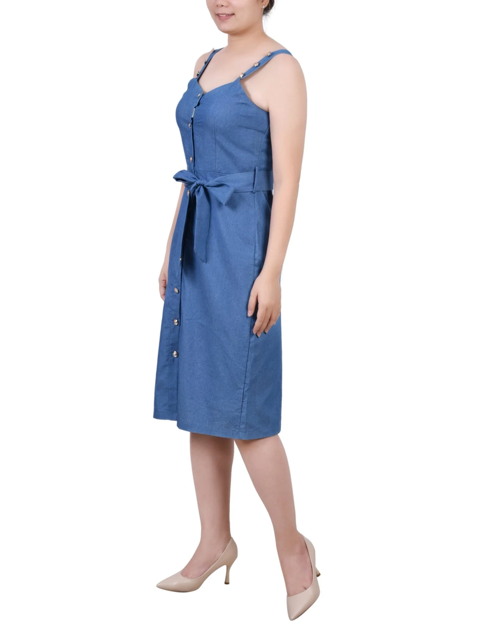 Med Denim Sweetheart Neck Chambray Sundress - Petite - Image 2
