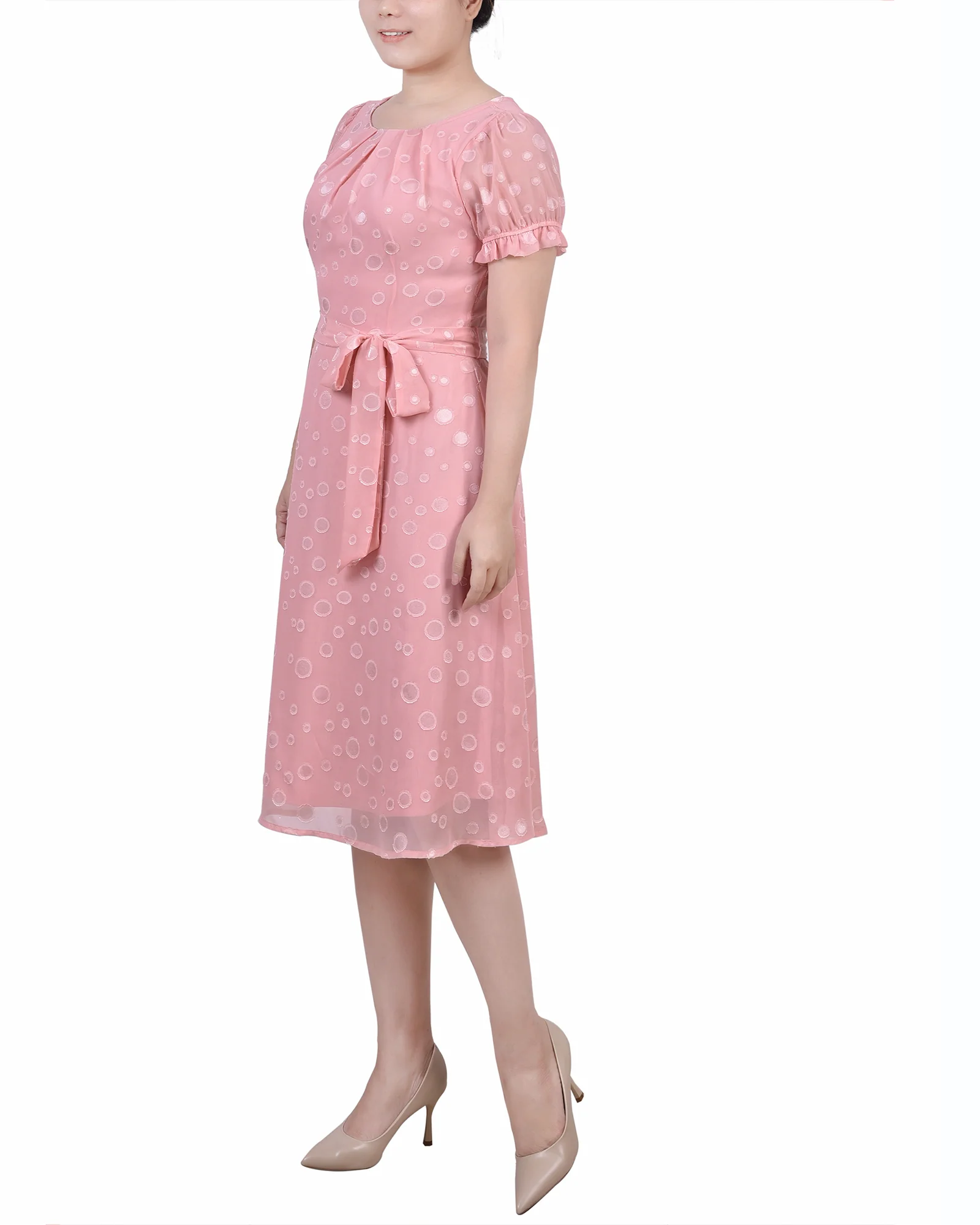 Mellow Rose Short Sleeve Belted Swiss Dot Dress - Petite - Image 2
