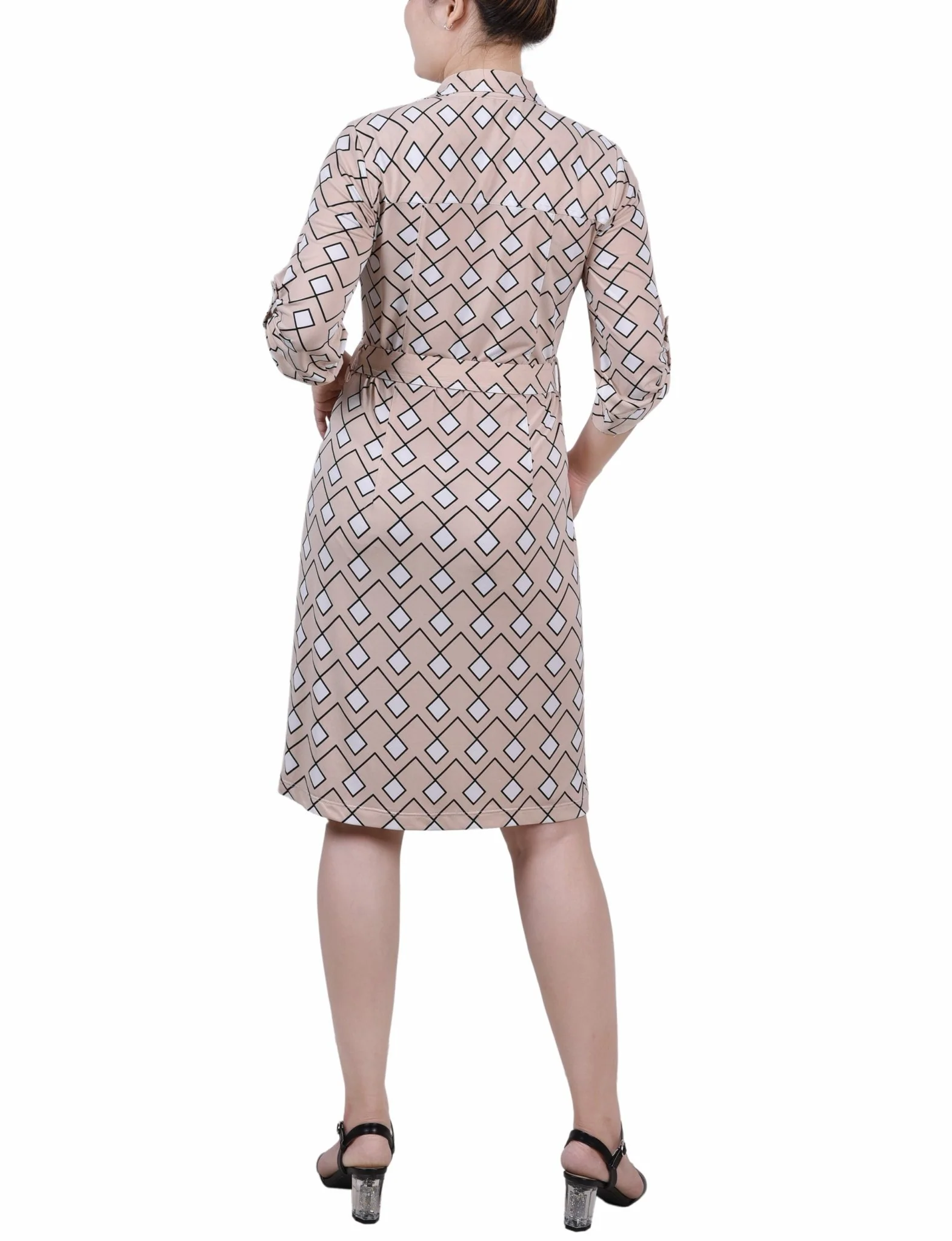 Moonlight Diamonds Belted Roll Tab Zip Front Shirtdress - Petite - Image 3