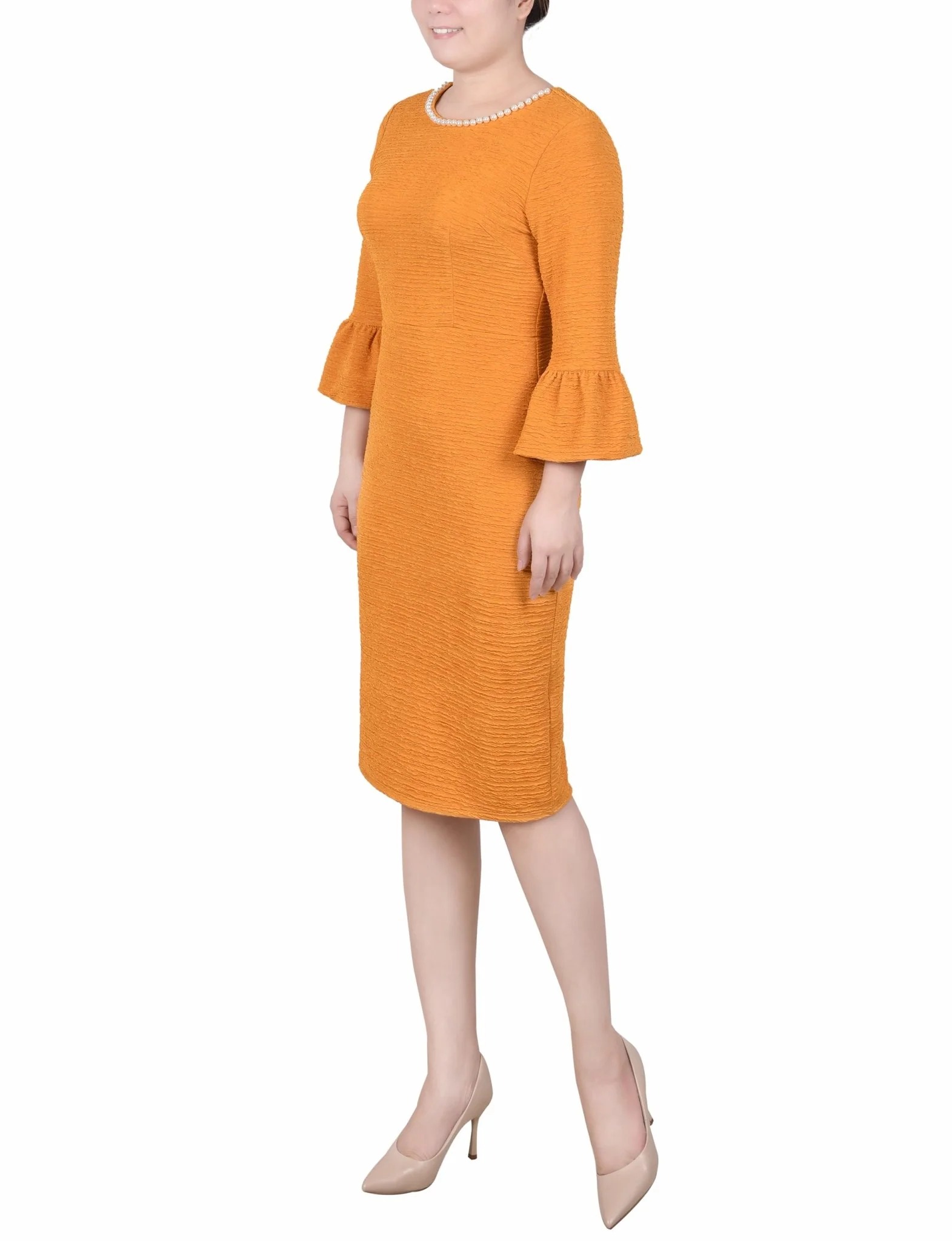 Mustard 3/4 Length Pearl Detail Dress - Image 2
