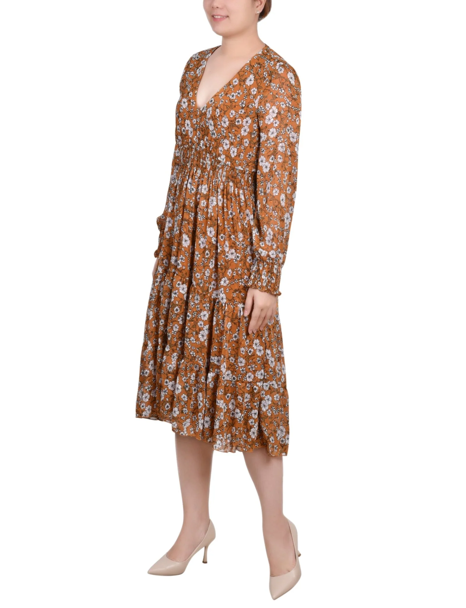 Mustard Floral Long Sleeve Clip Dot Chiffon Dress With Smocked Waist and Cuffs - Image 2