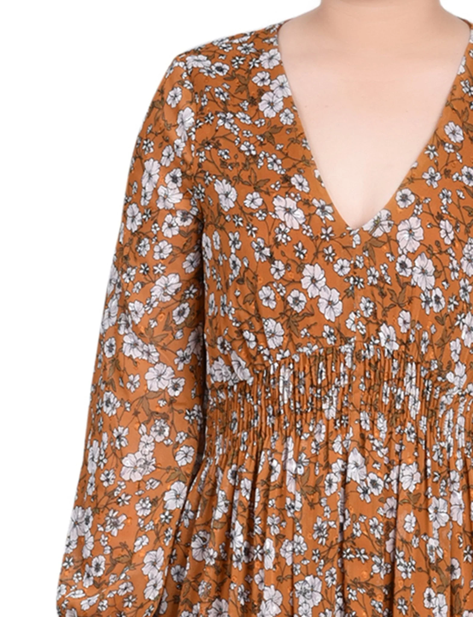 Mustard Floral Long Sleeve Clip Dot Chiffon Dress With Smocked Waist and Cuffs - Image 4