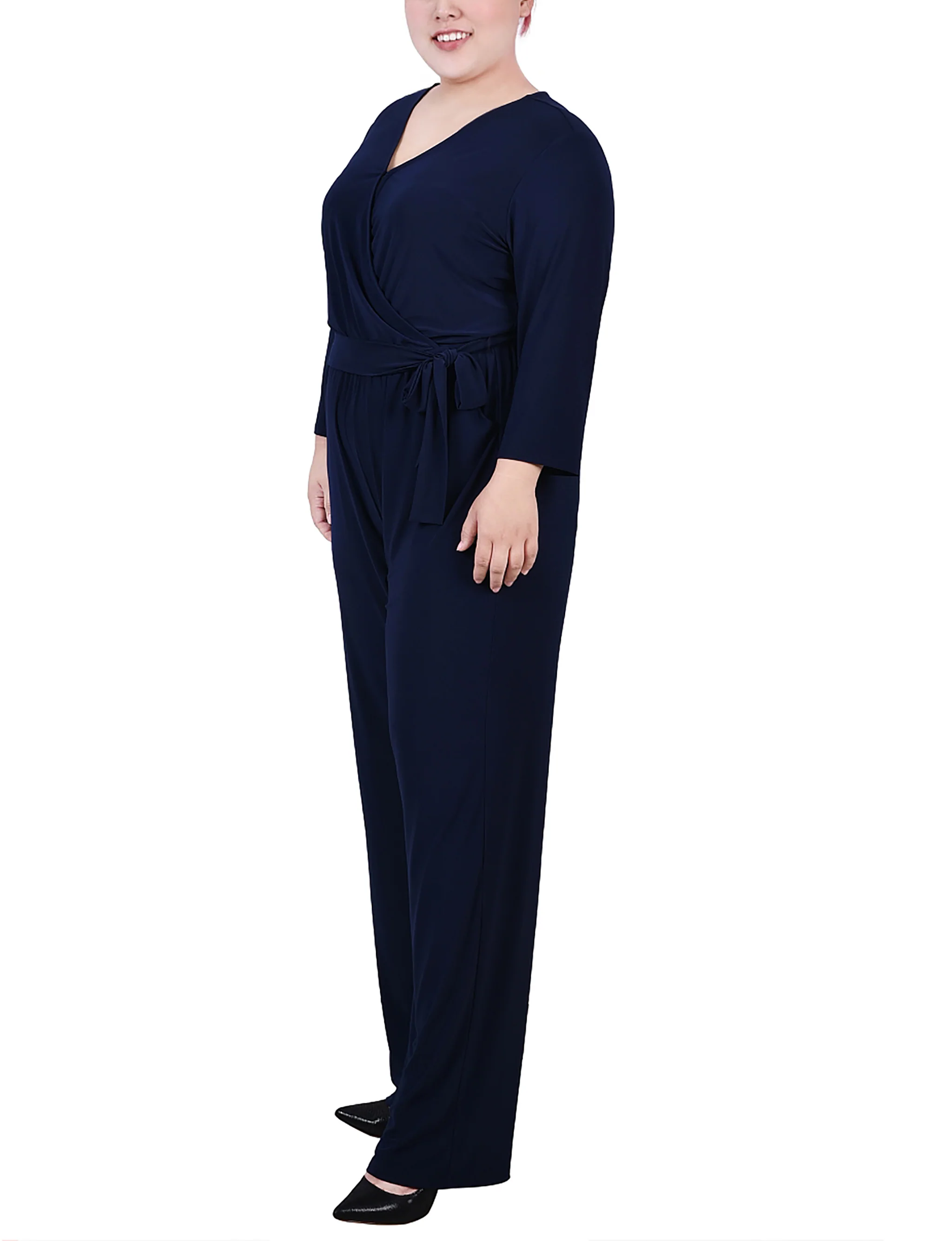 Navy 3/4 Sleeve Belted Jumpsuit - Plus - Image 2