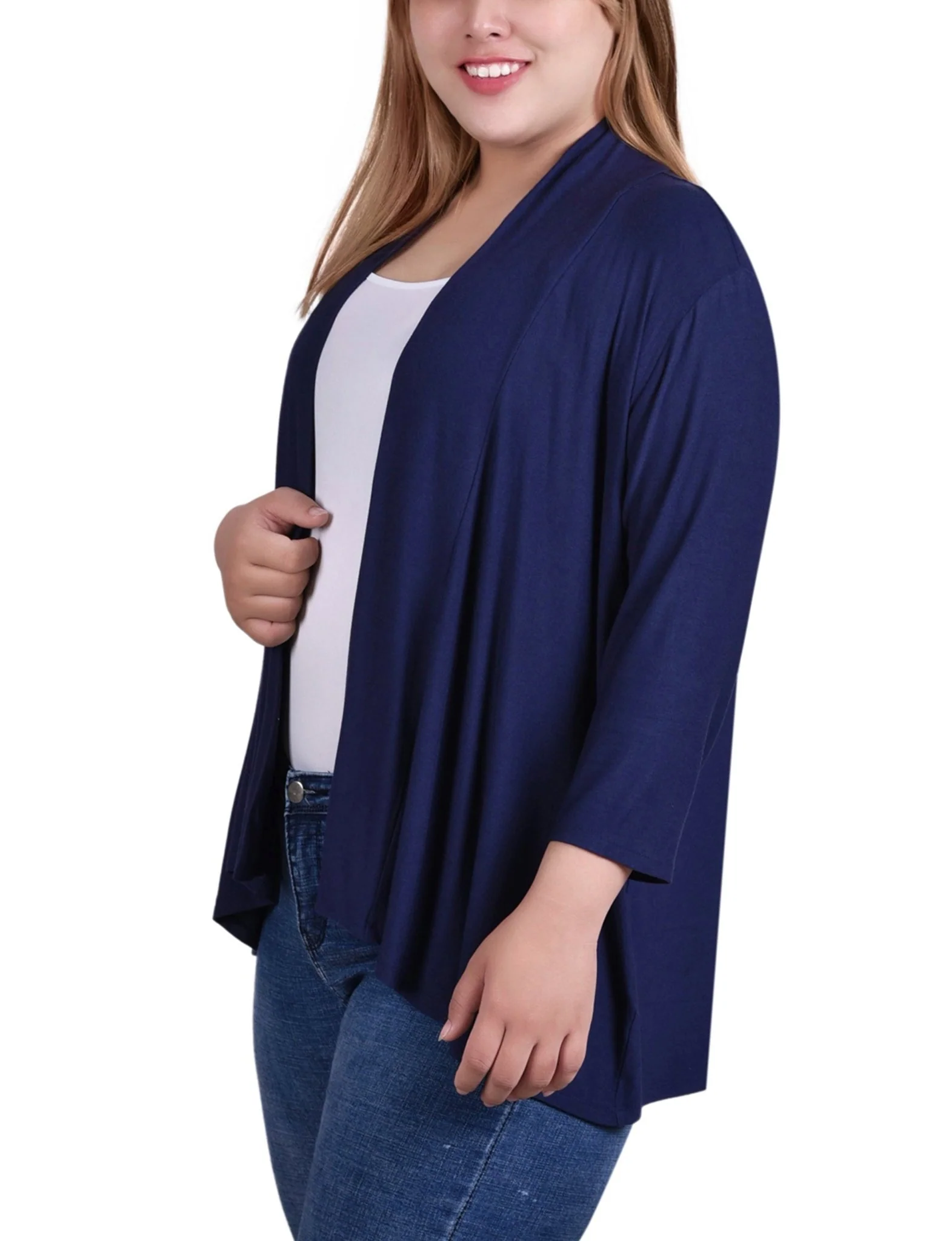 Navy 3/4 Sleeve Solid Cardigan - Plus - Image 2