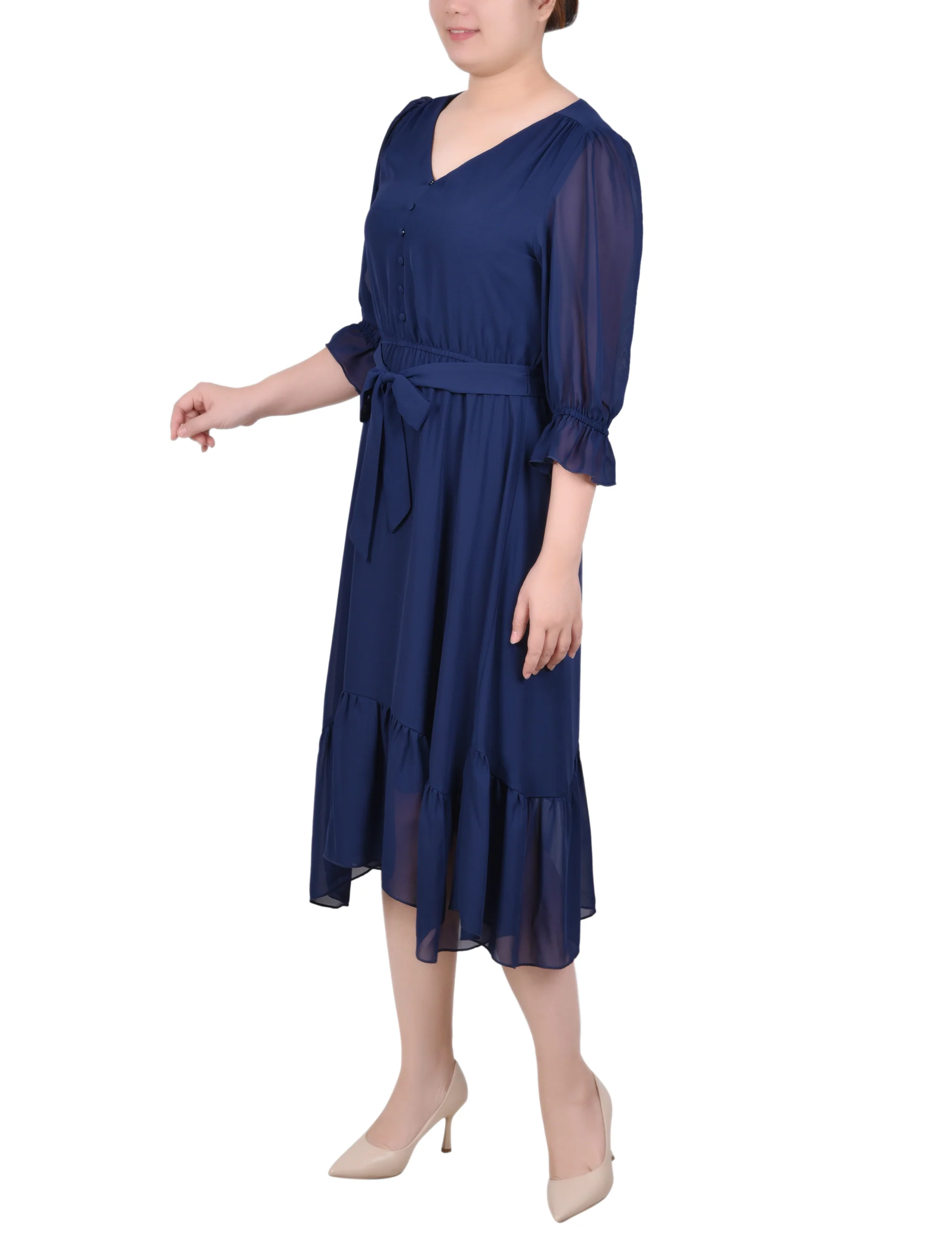 Navy 3/4 Sleeve V-Neck Flounced Dress - Image 2