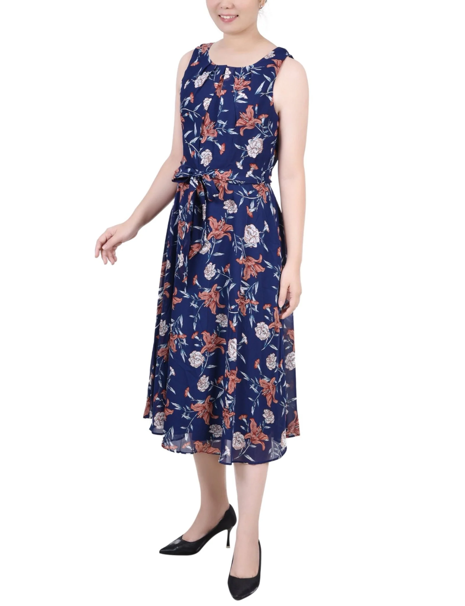 Navy Floral Sleeveless Chiffon Belted Dress - Petite - Image 2