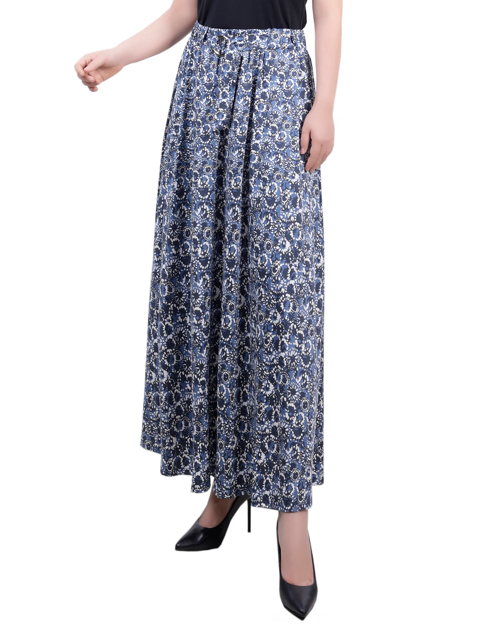 Navy Ivory Splash Ring Detail Midi-Length Skirt - Image 3