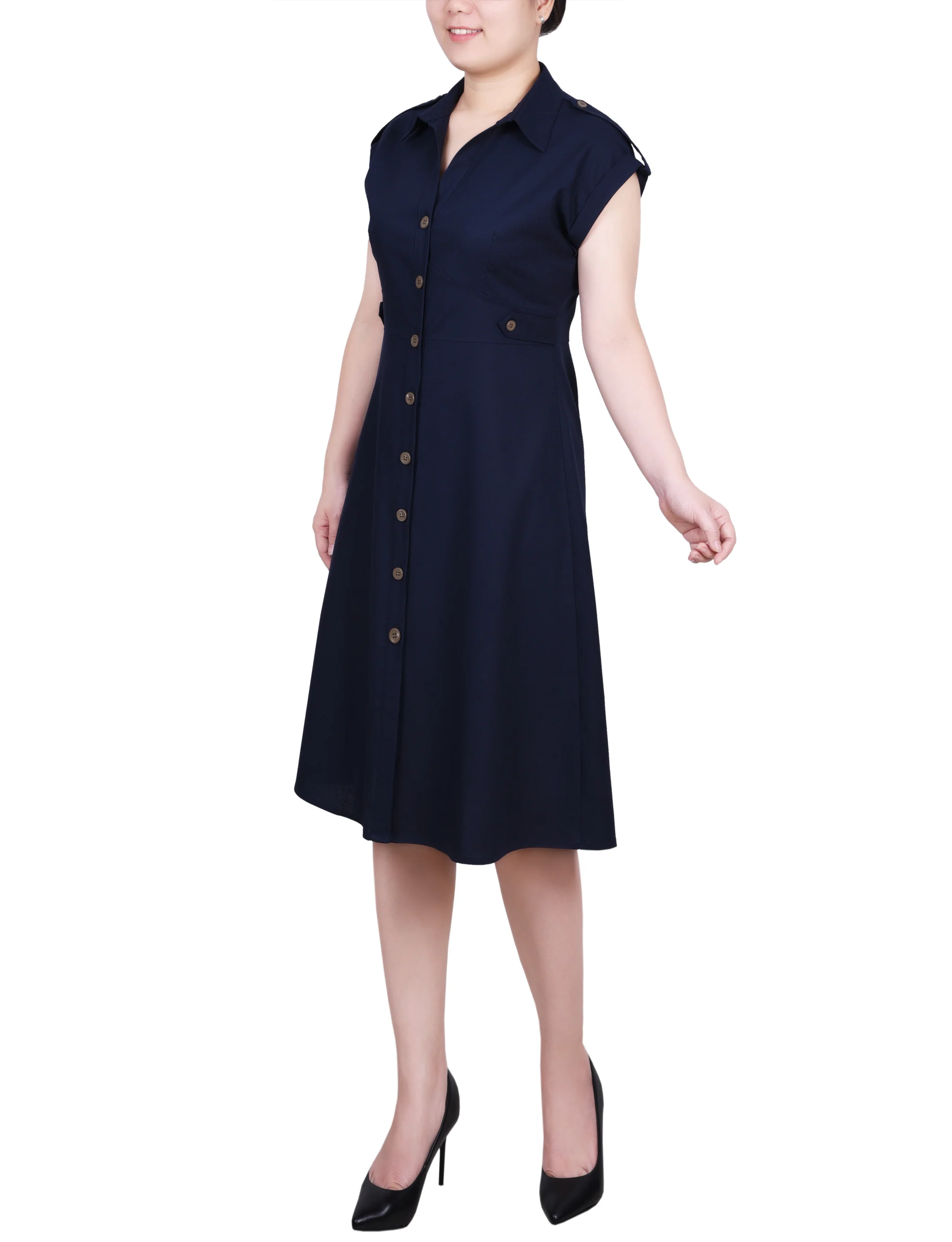 Navy Short Sleeve Button Front Linen Dress - Image 2