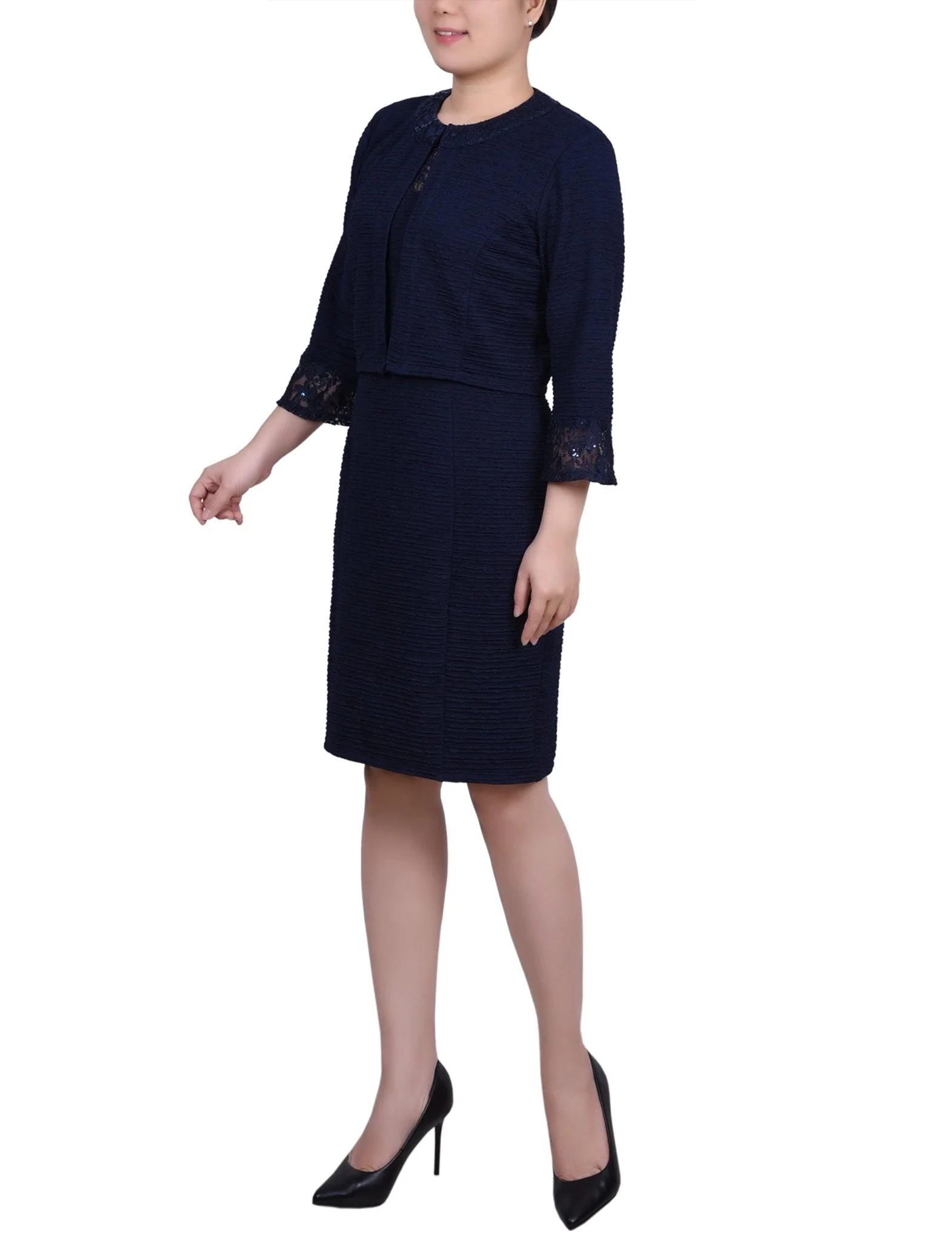 Navy Two Piece Novelty Knit and Lace Dress Set - Petite - Image 2